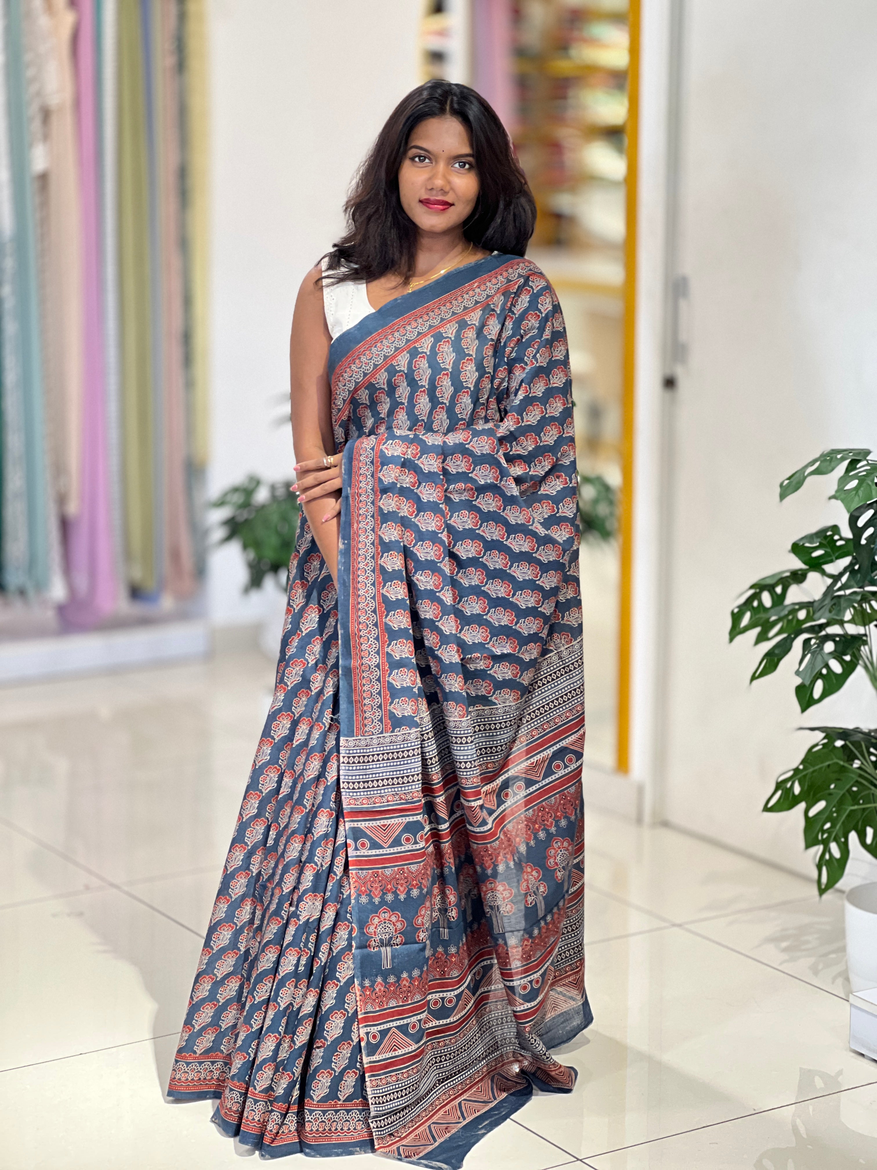 Ajrakh Pattern Printed Cotton Saree | VFC631