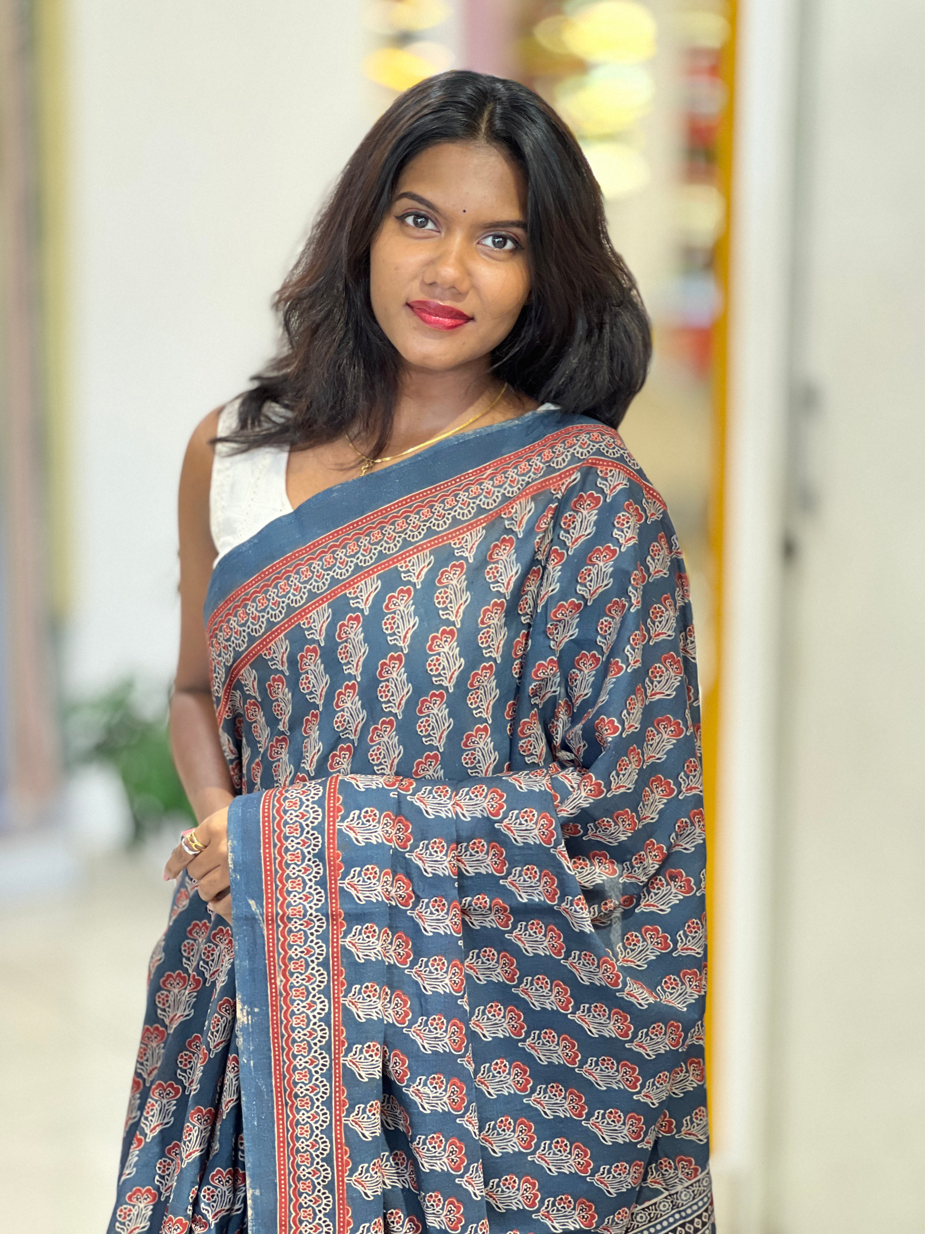 Ajrakh Pattern Printed Cotton Saree | VFC631