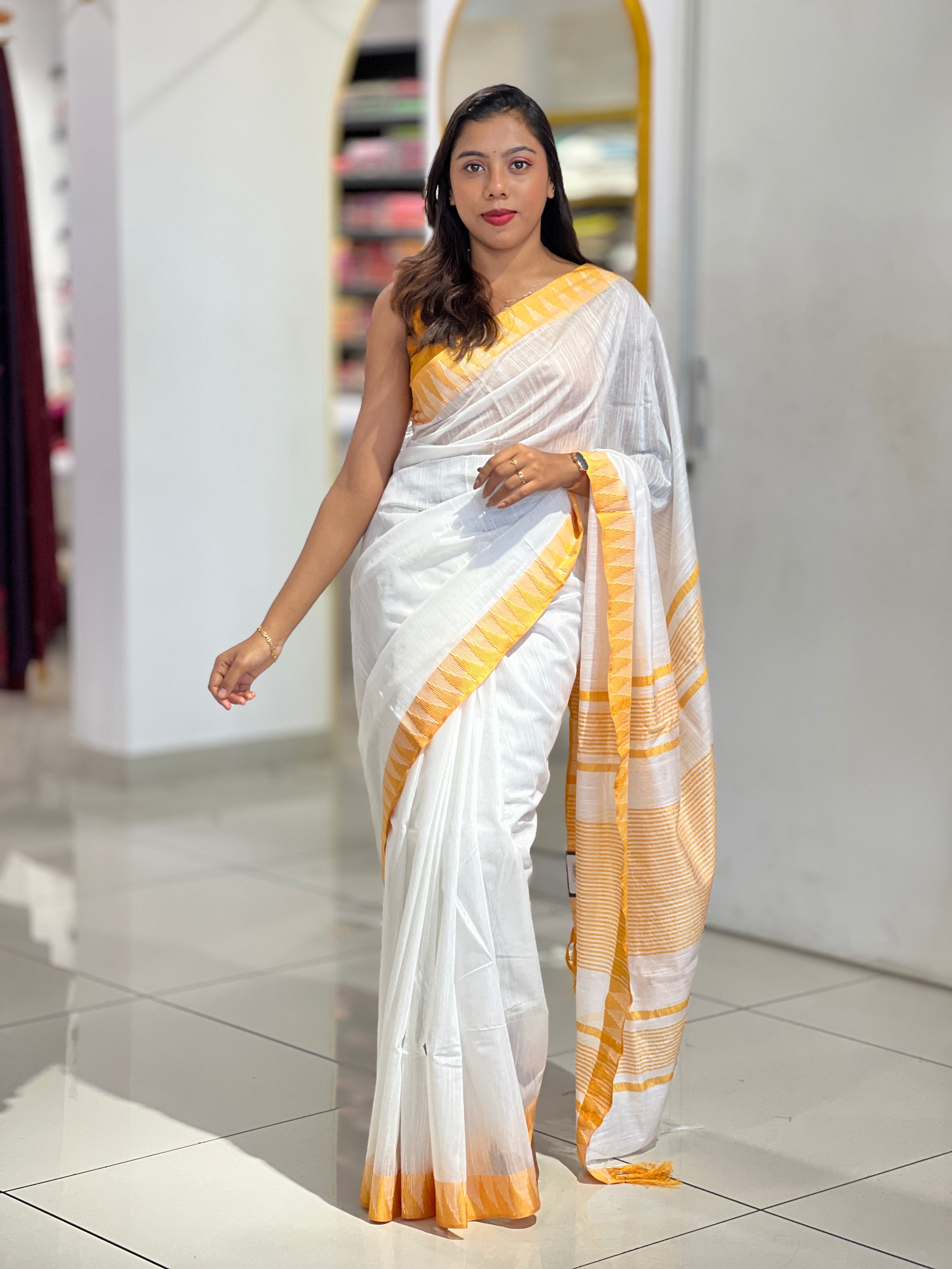 Temple Border Detailed Bhagalpuri Linen Saree | NHH247