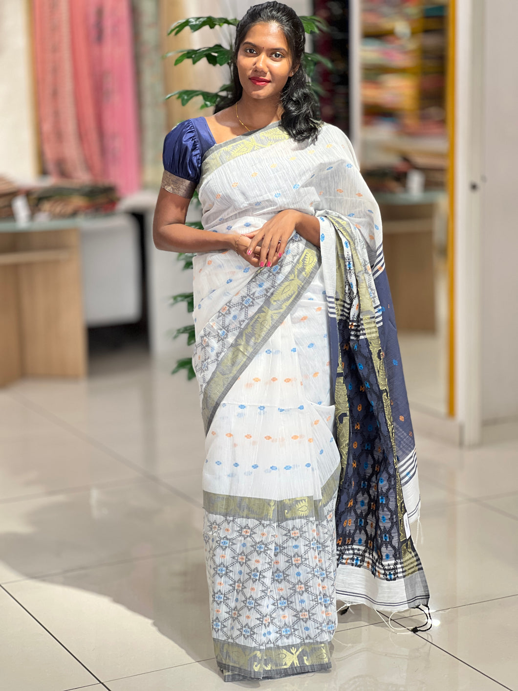 Thread Woven Geometric Patterned Cotton Saree | RP736