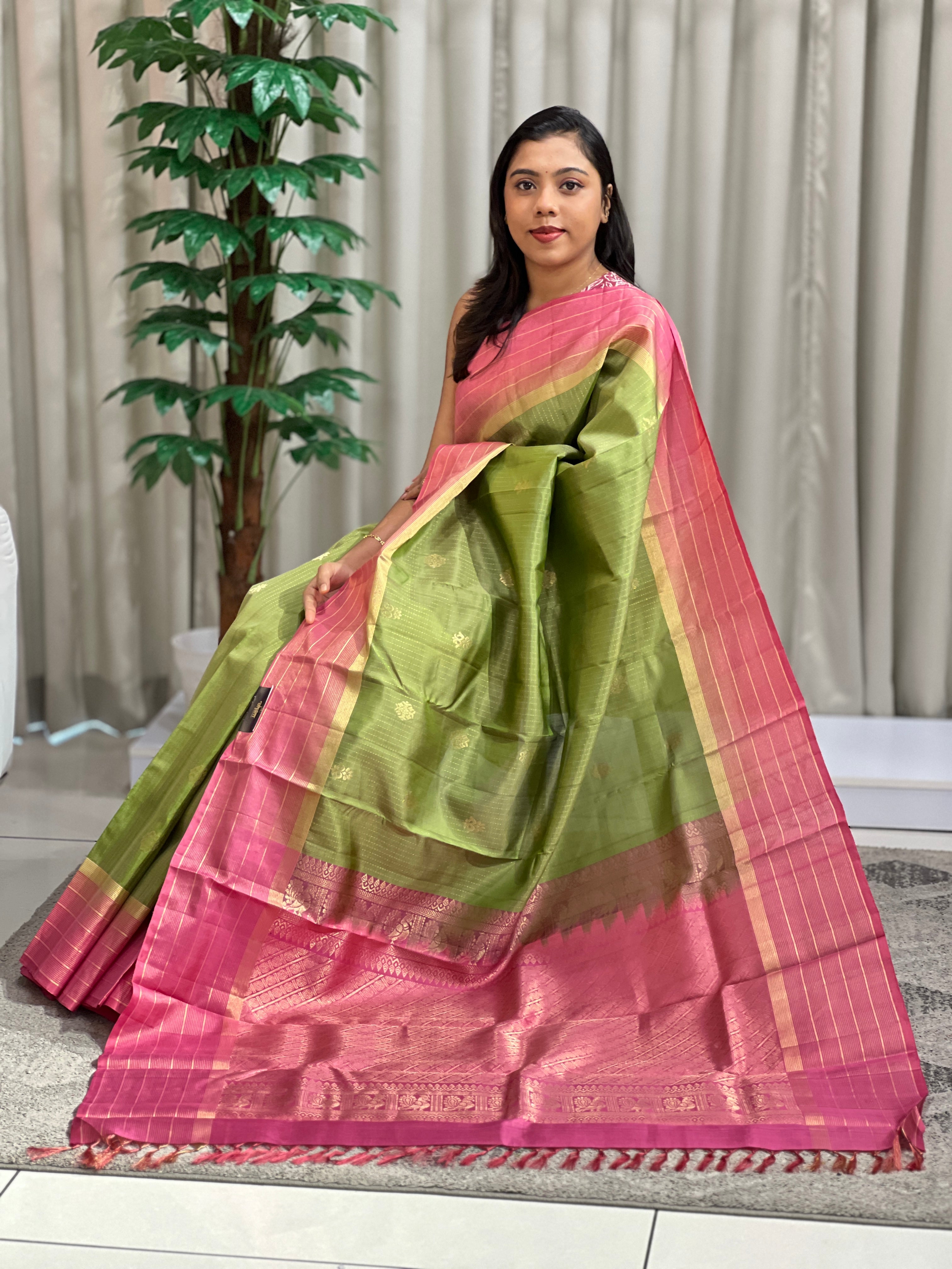 Stripe Pattern Golden Zari Woven Soft Silk Saree | SMT181