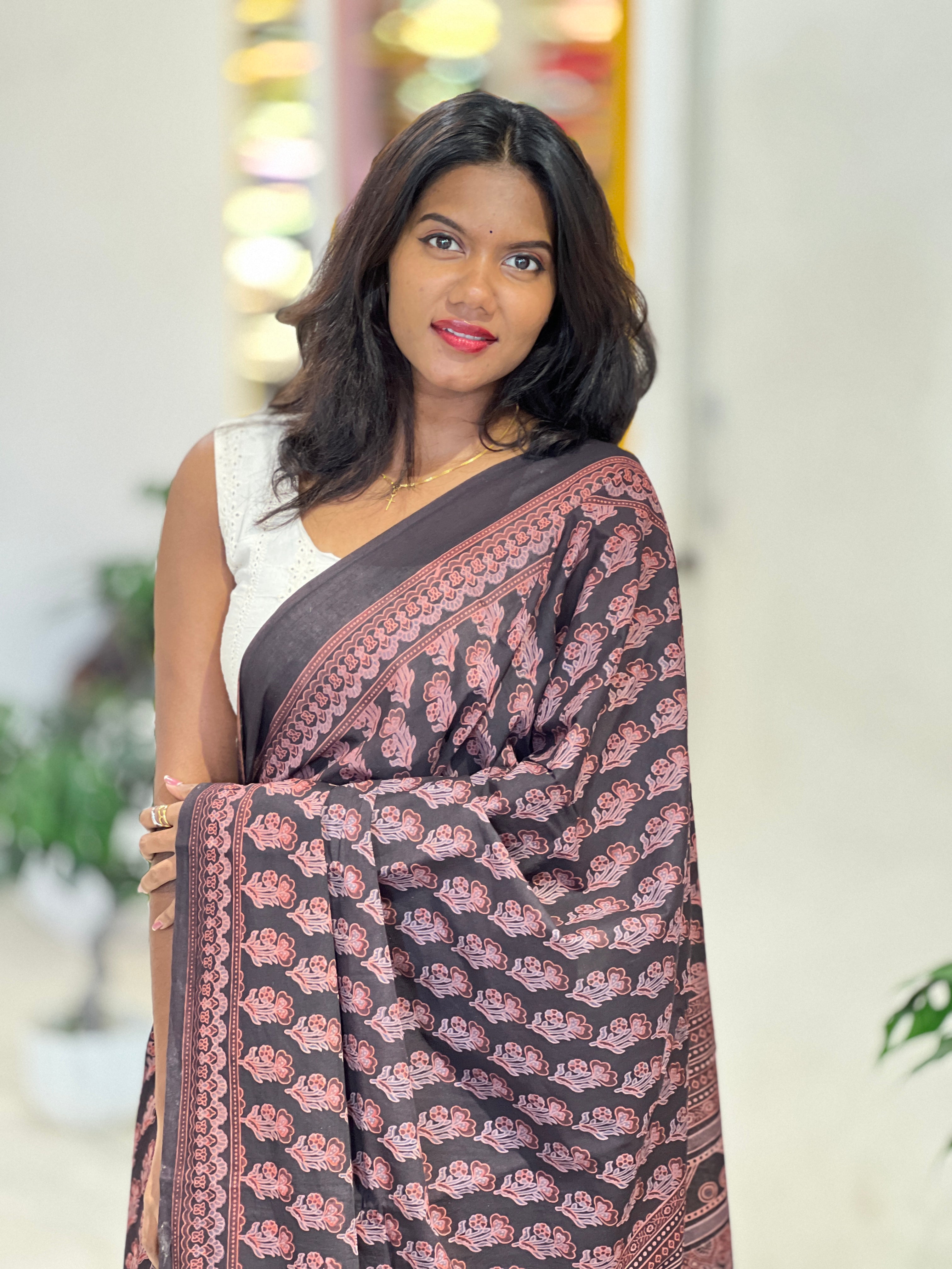 Ajrakh Pattern Printed Cotton Saree | VFC632