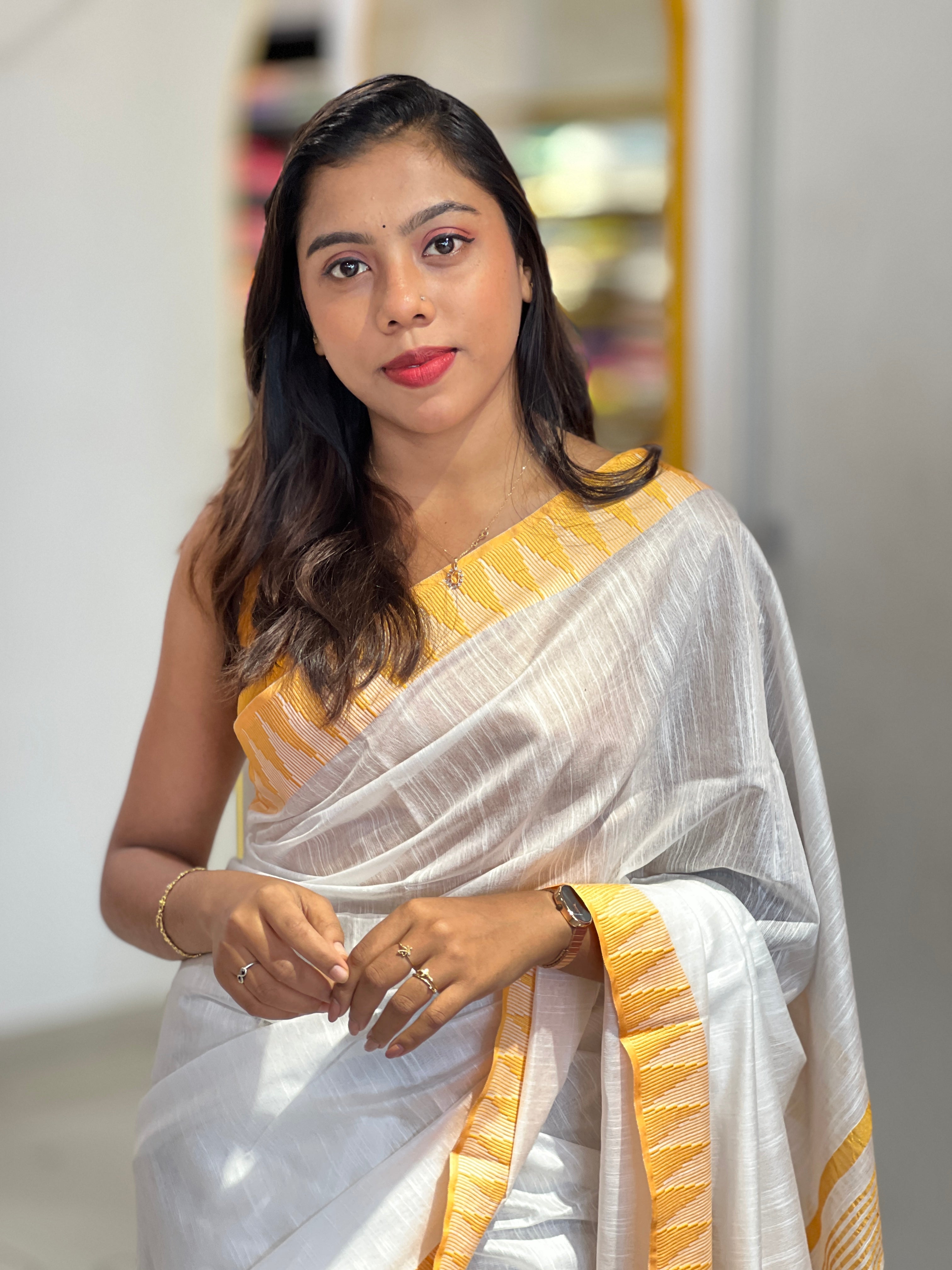 Temple Border Detailed Bhagalpuri Linen Saree | NHH247