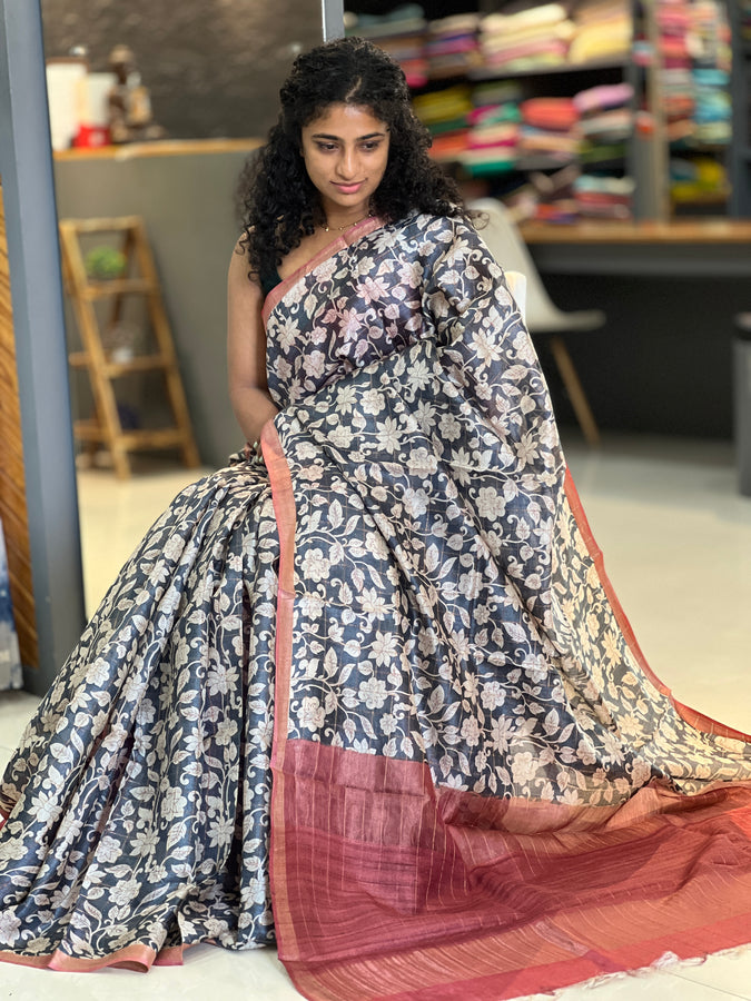 Floral Printed Tussar Saree | MNH348