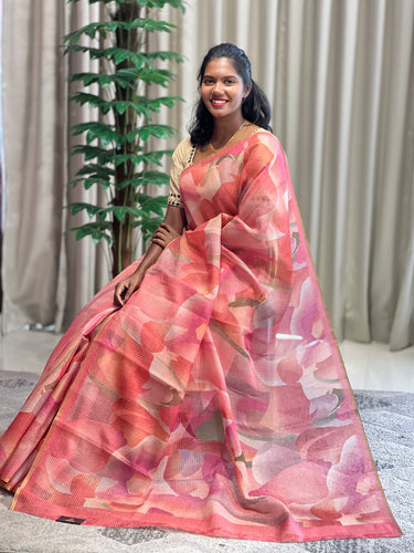 Floral Printed Tissue Check Kota Saree | SSN159