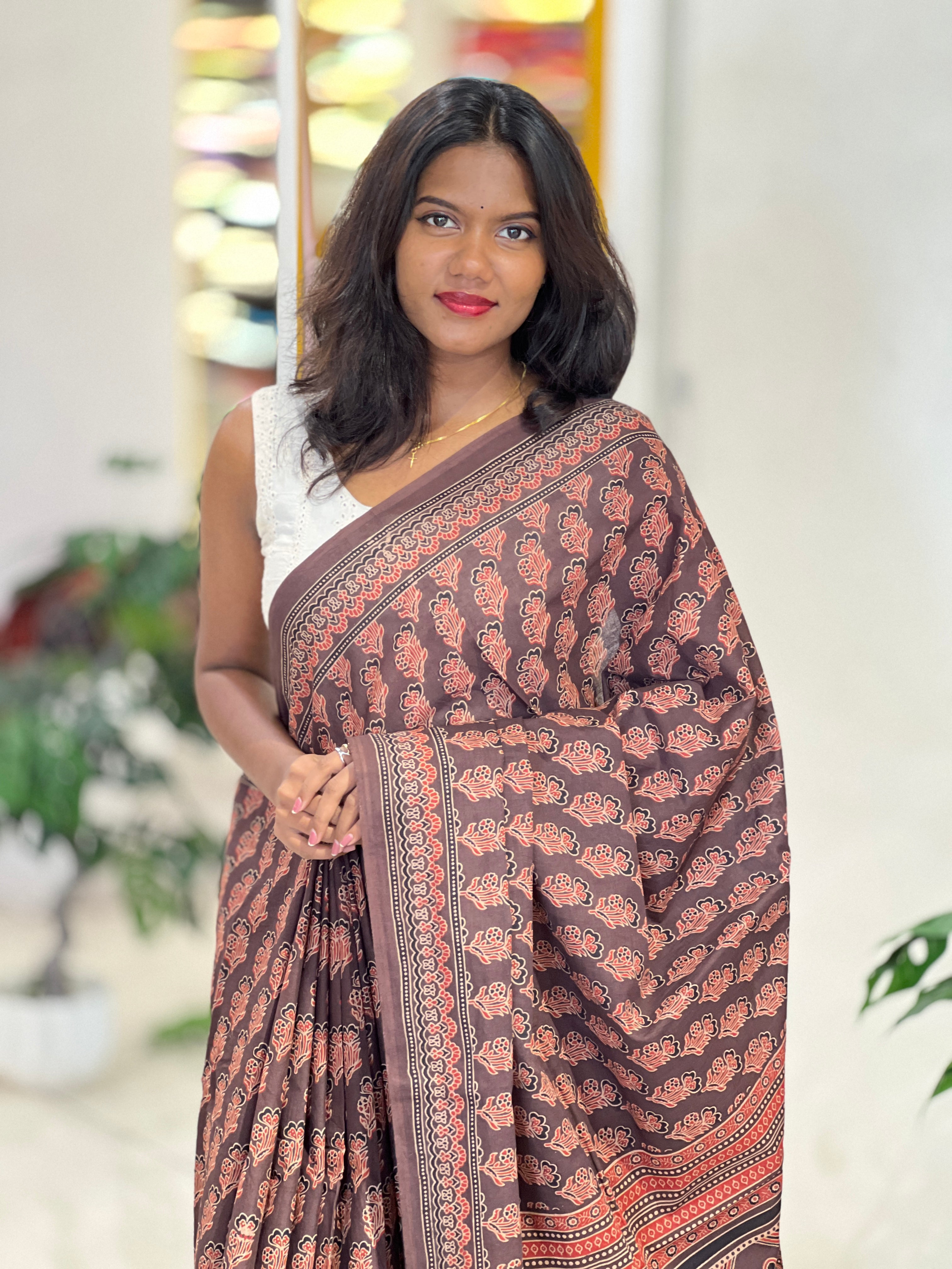 Ajrakh Pattern Printed Cotton Saree | VFC622