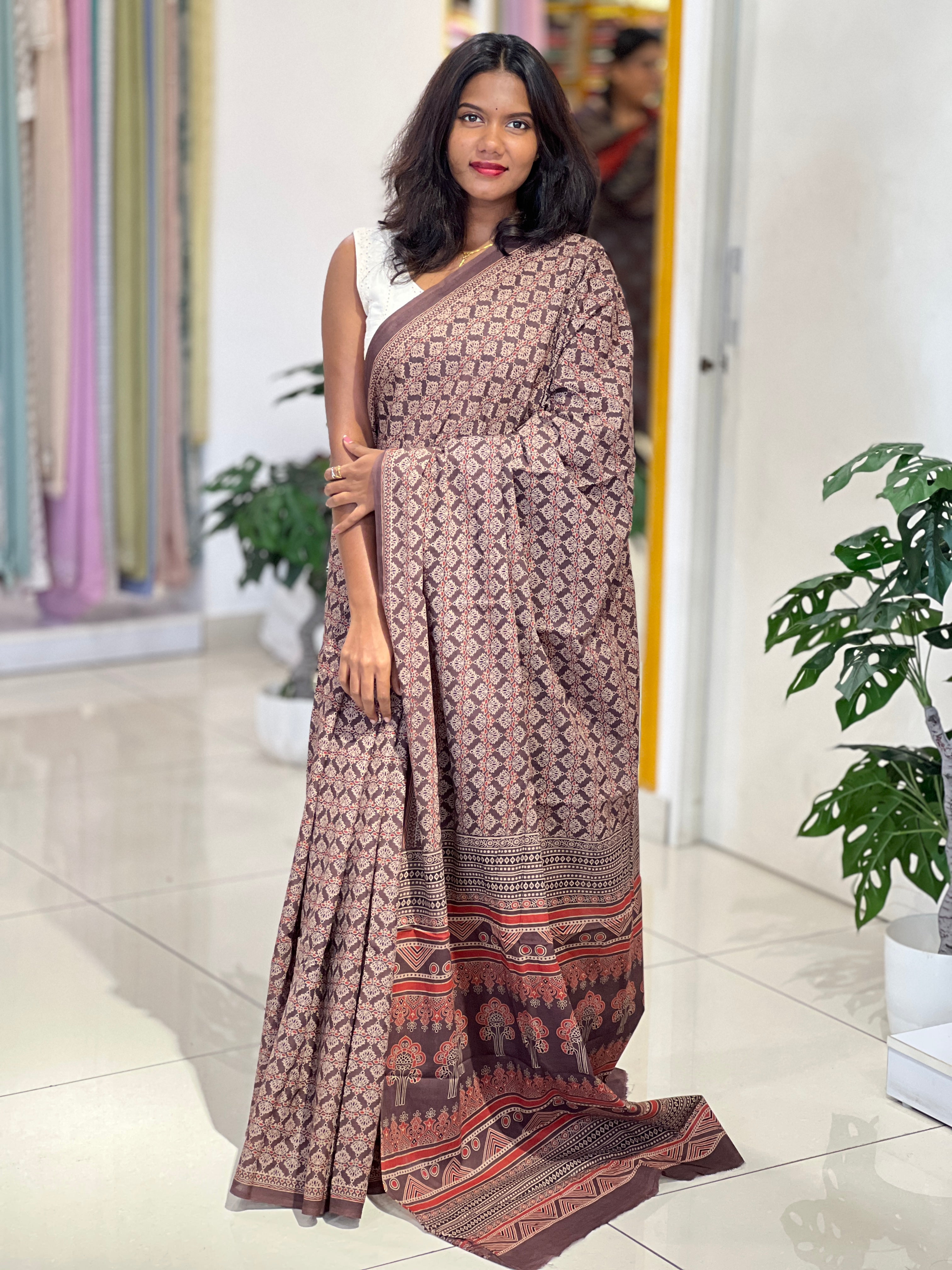 Ajrakh Pattern Printed Cotton Saree | VFC634