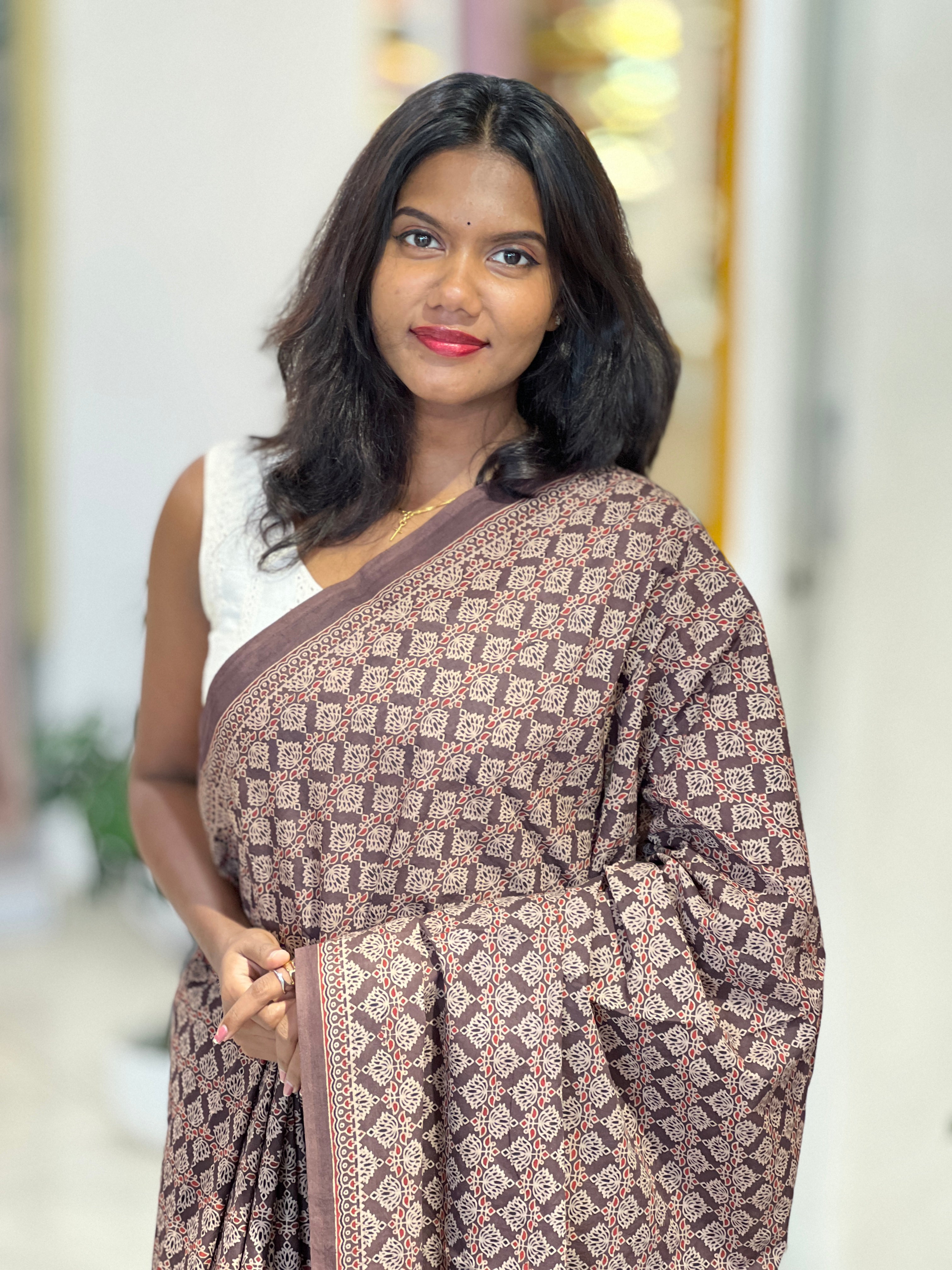 Ajrakh Pattern Printed Cotton Saree | VFC634