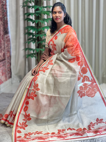 Floral Printed Tissue Check Kota Saree | SSN157