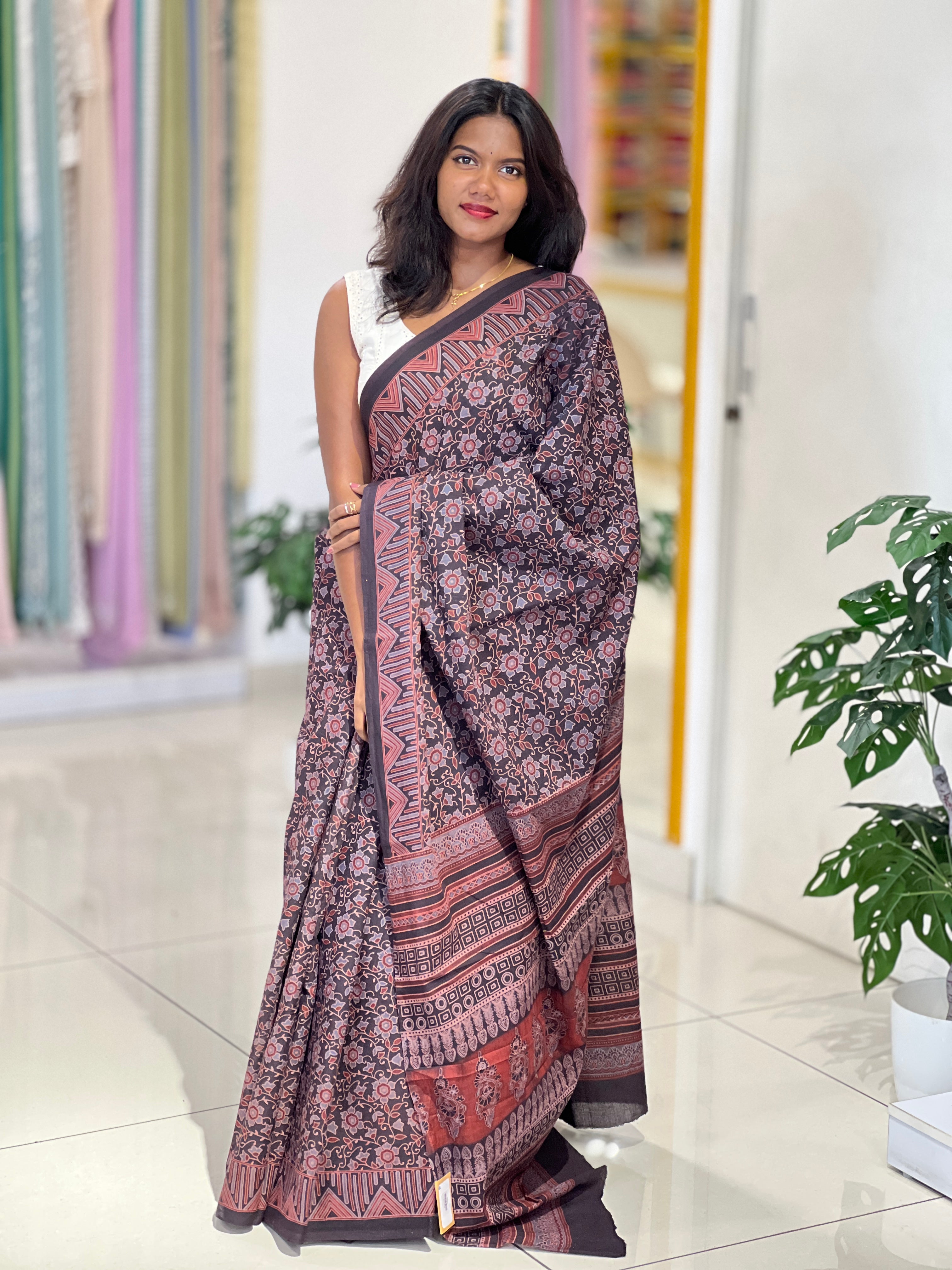 Ajrakh Pattern Printed Cotton Saree | VFC633