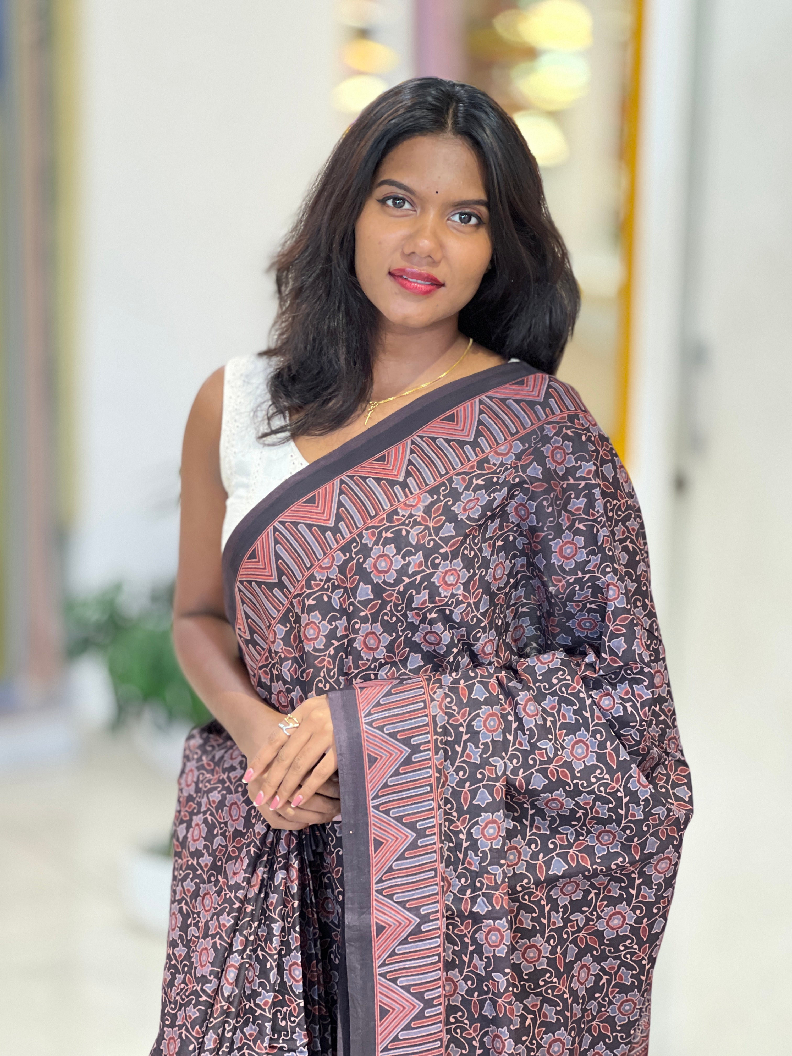 Ajrakh Pattern Printed Cotton Saree | VFC633