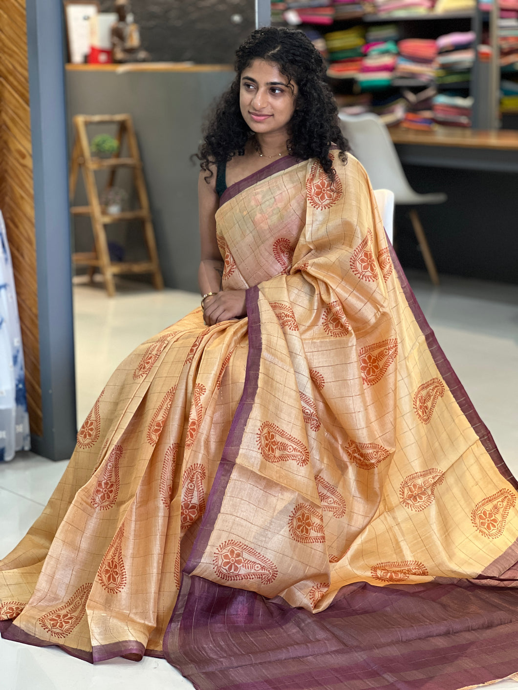 Block Printed Tussur Saree | MNH351