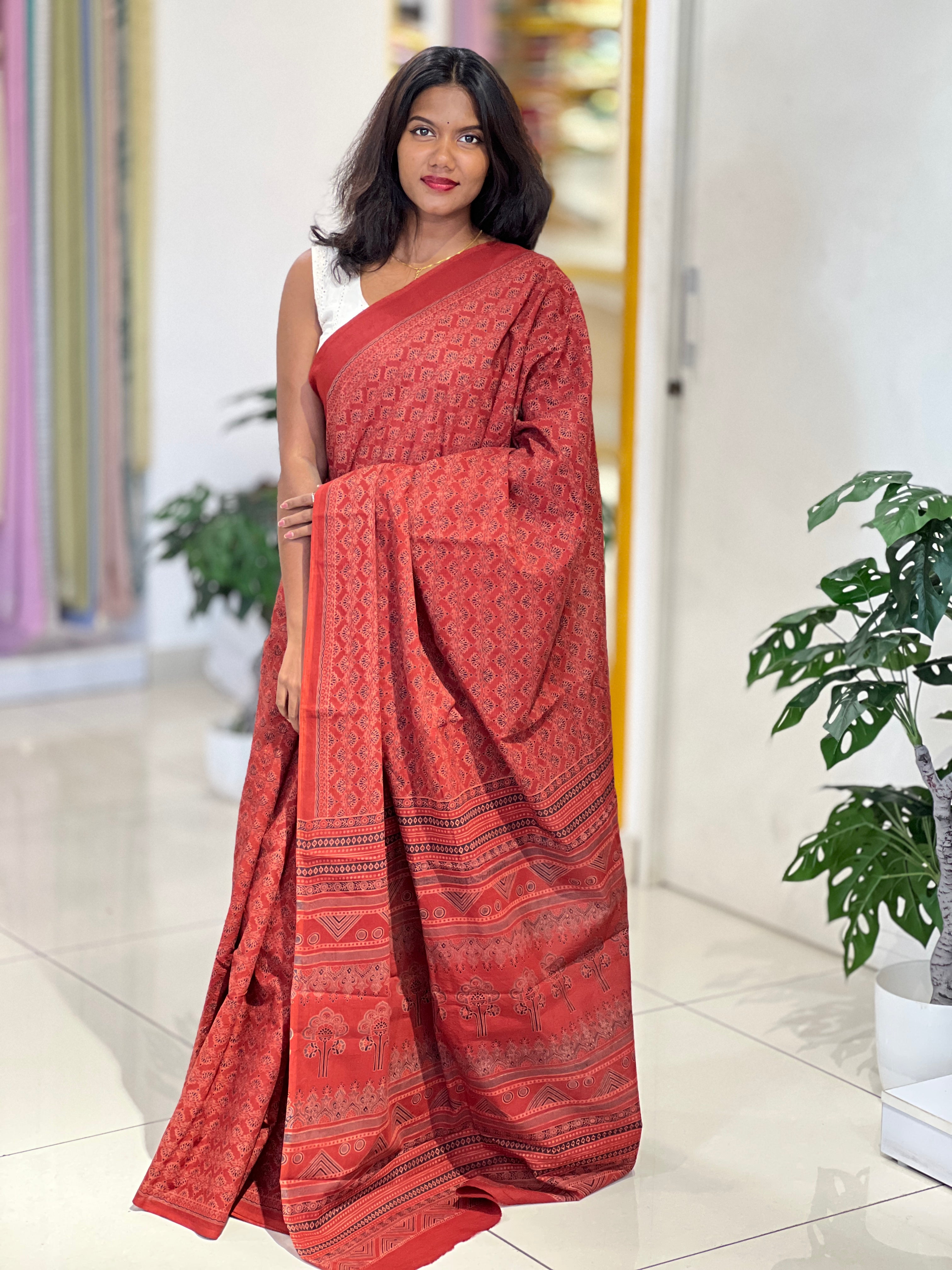 Ajrakh Pattern Printed Cotton Saree | VFC624