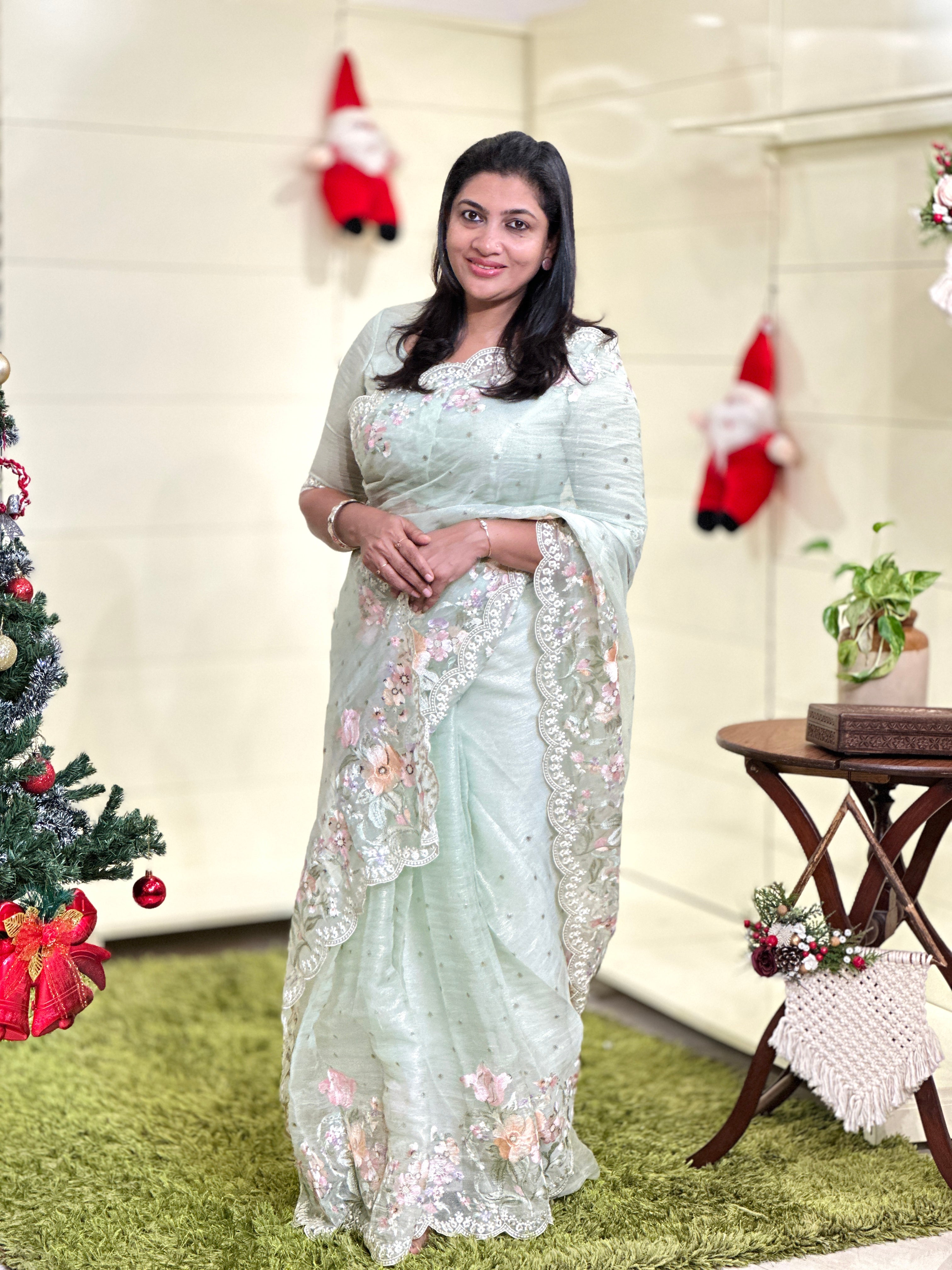 Multicolour Floral Machine Embroidery Detailed Crushed Viscose Organza Saree | BLD1687