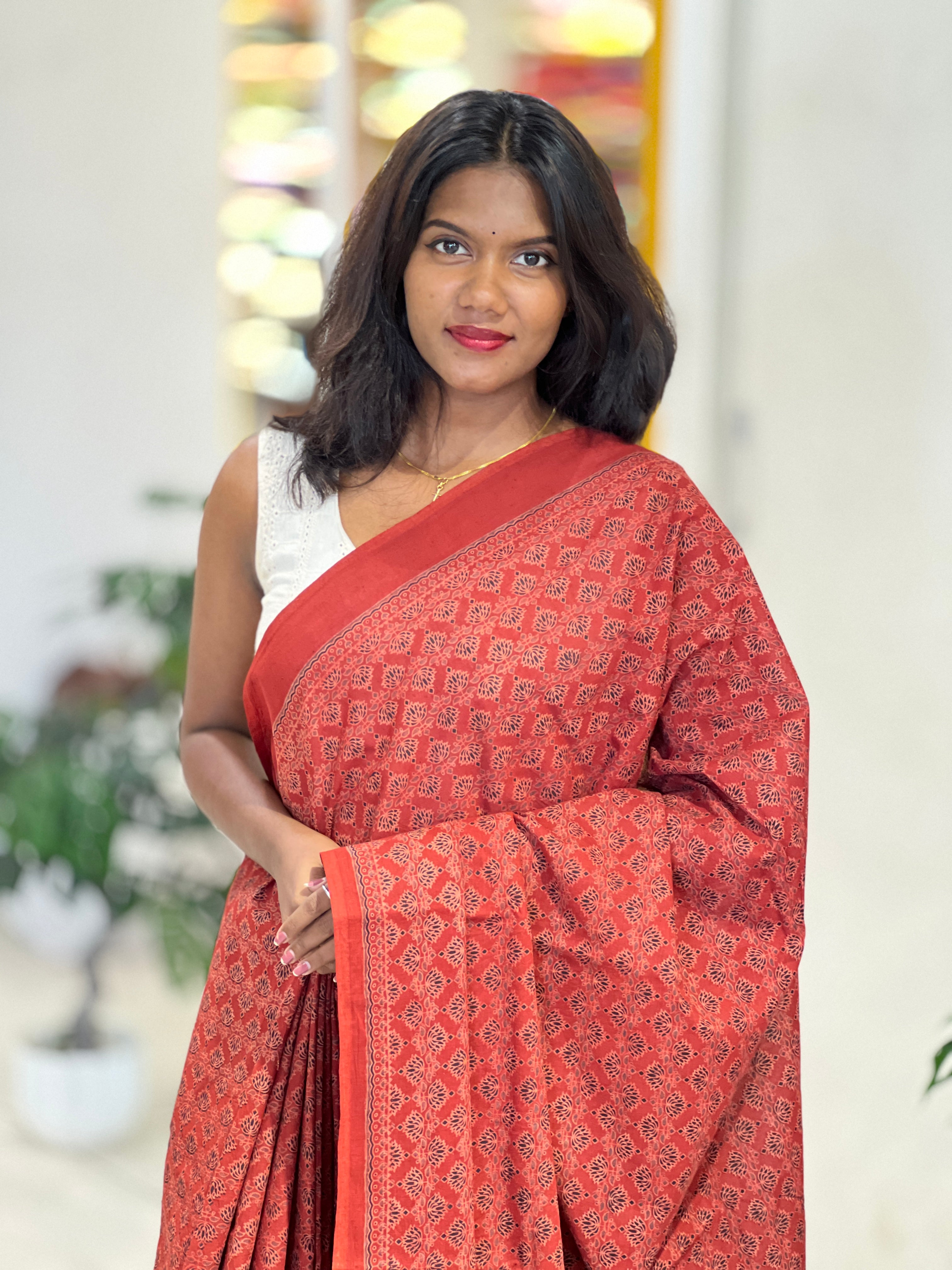 Ajrakh Pattern Printed Cotton Saree | VFC624