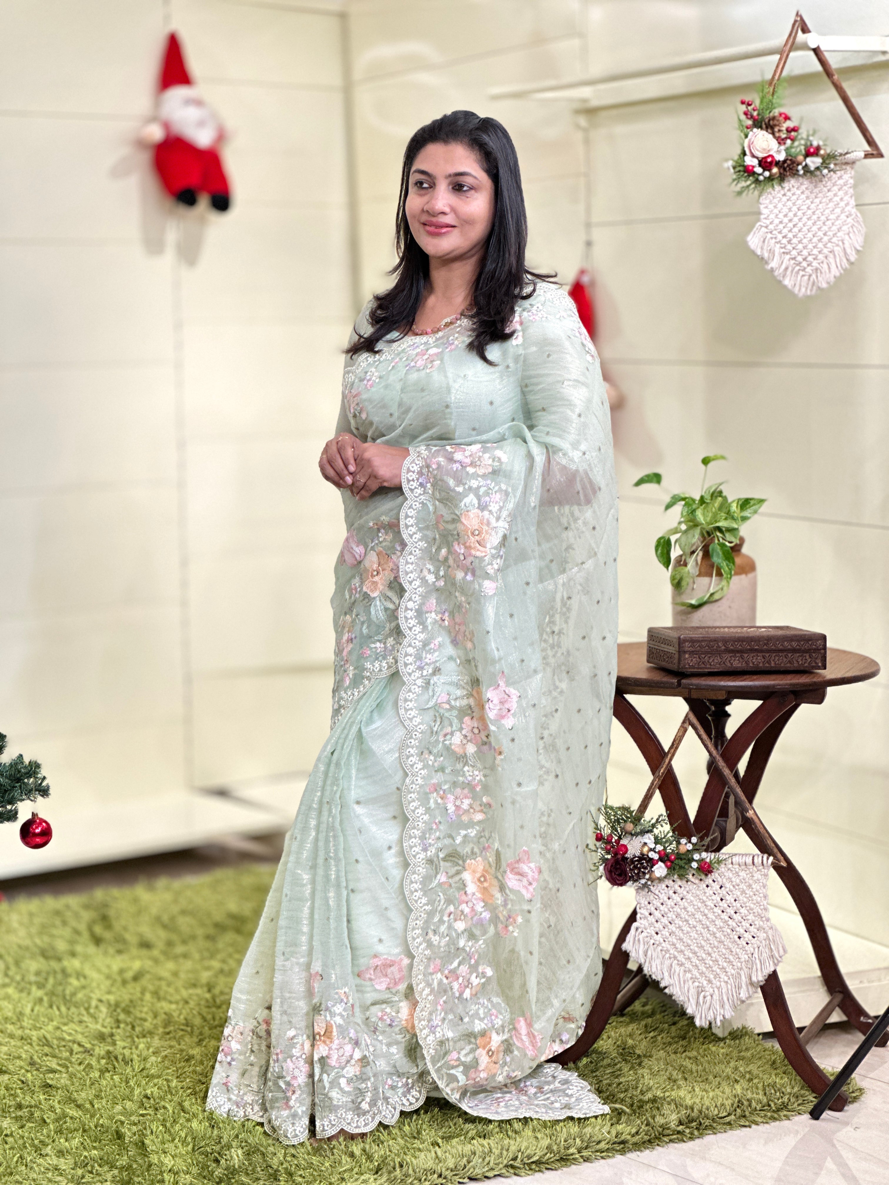 Multicolour Floral Machine Embroidery Detailed Crushed Viscose Organza Saree | BLD1687