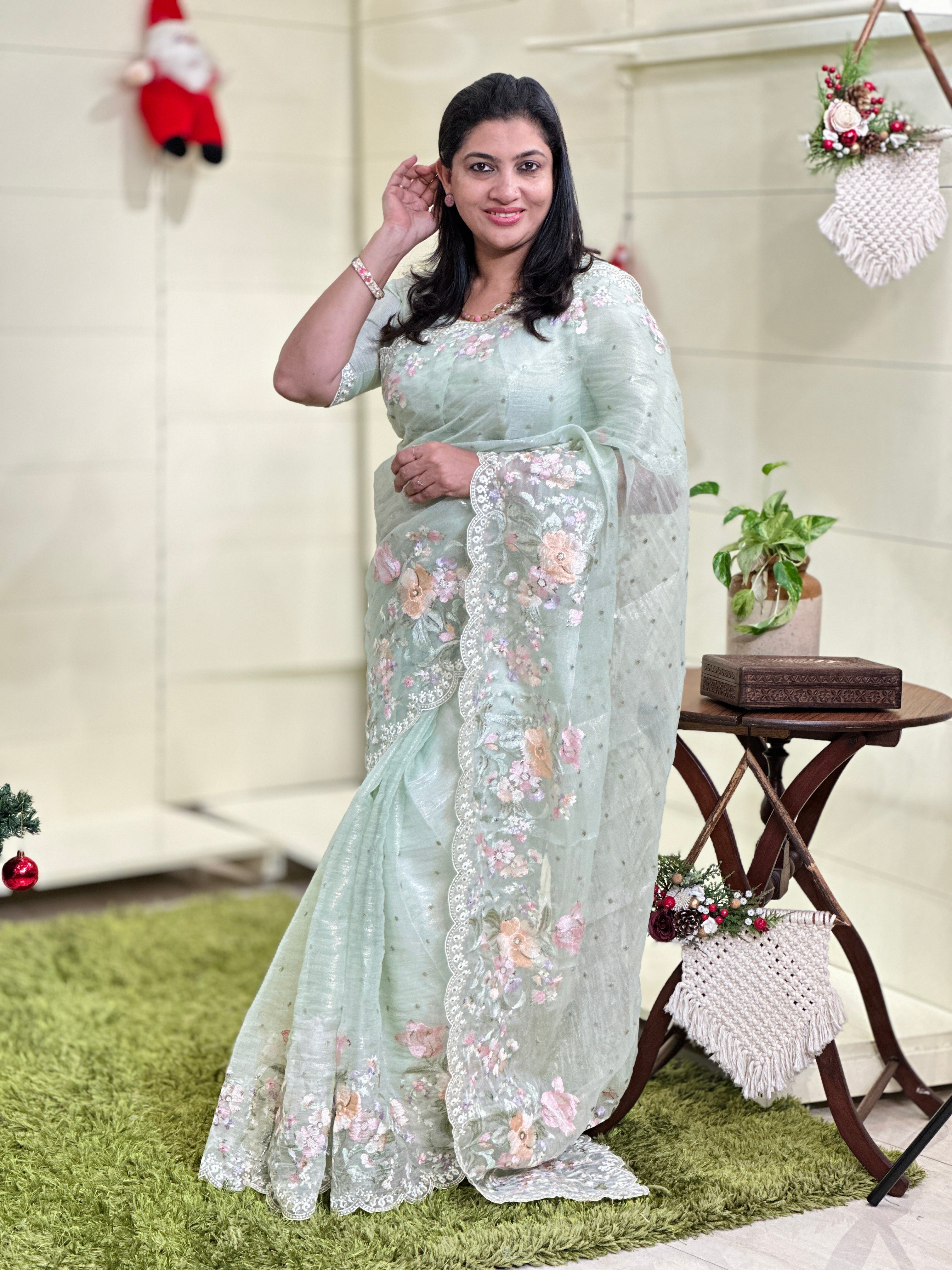 Multicolour Floral Machine Embroidery Detailed Crushed Viscose Organza Saree | BLD1687