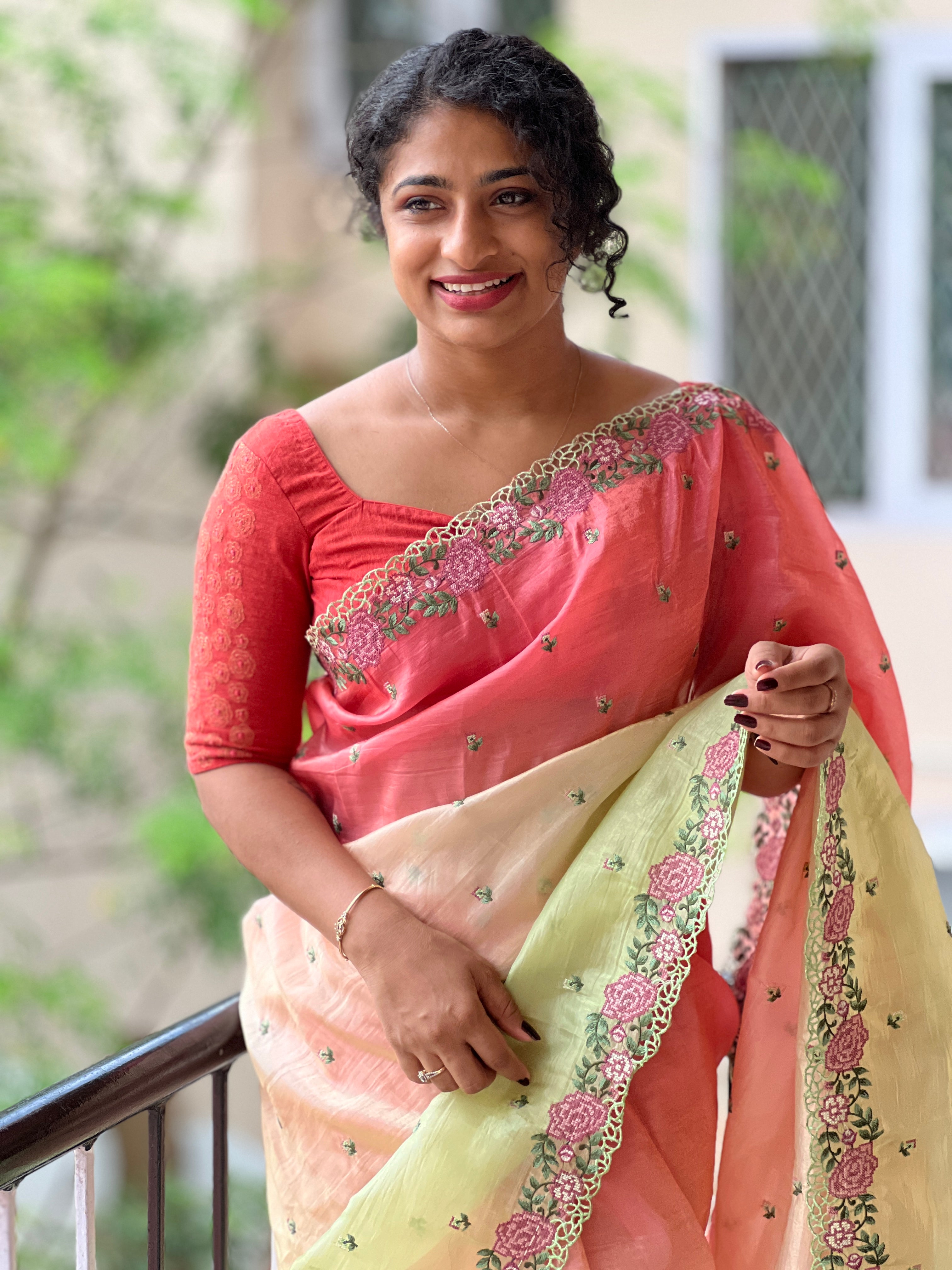 Cross Stitch Embroidery Glass Organza Saree | RP538