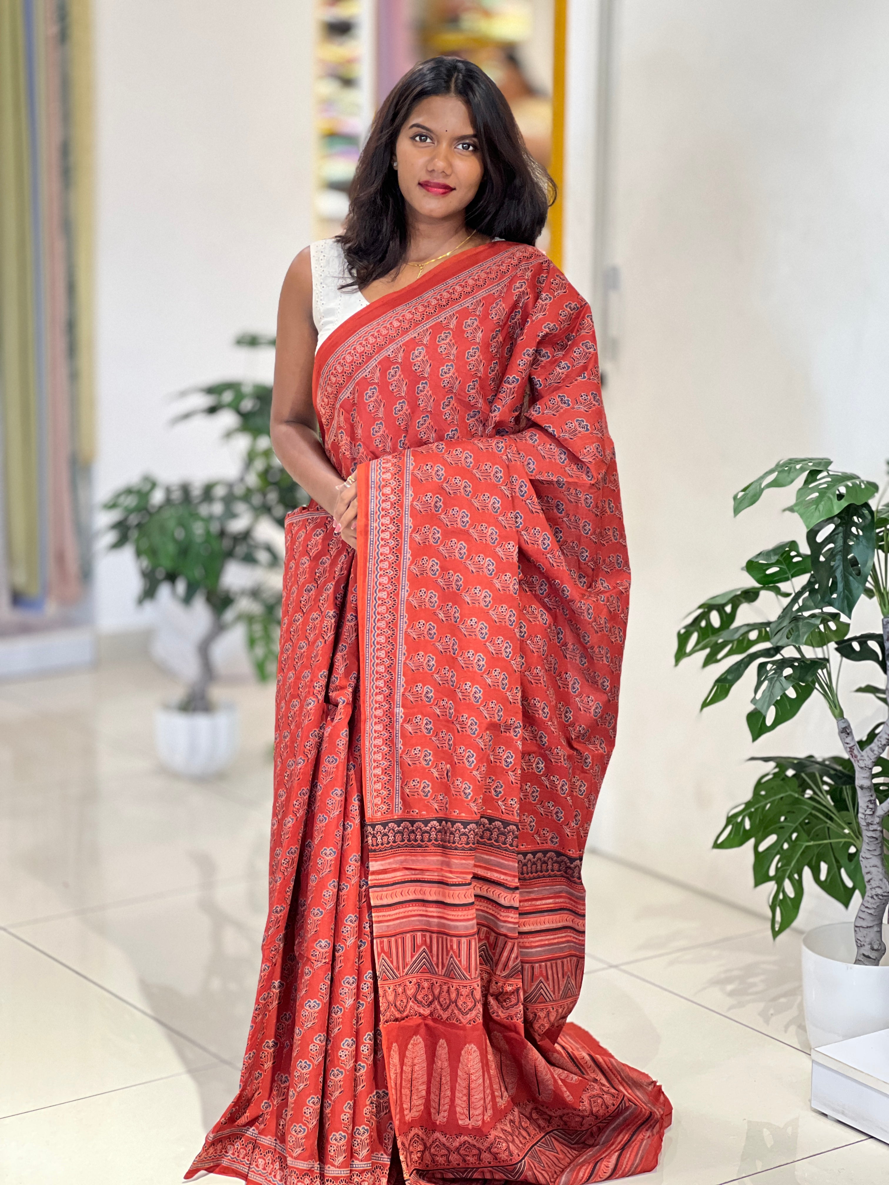 Ajrakh Pattern Printed Cotton Saree | VFC625