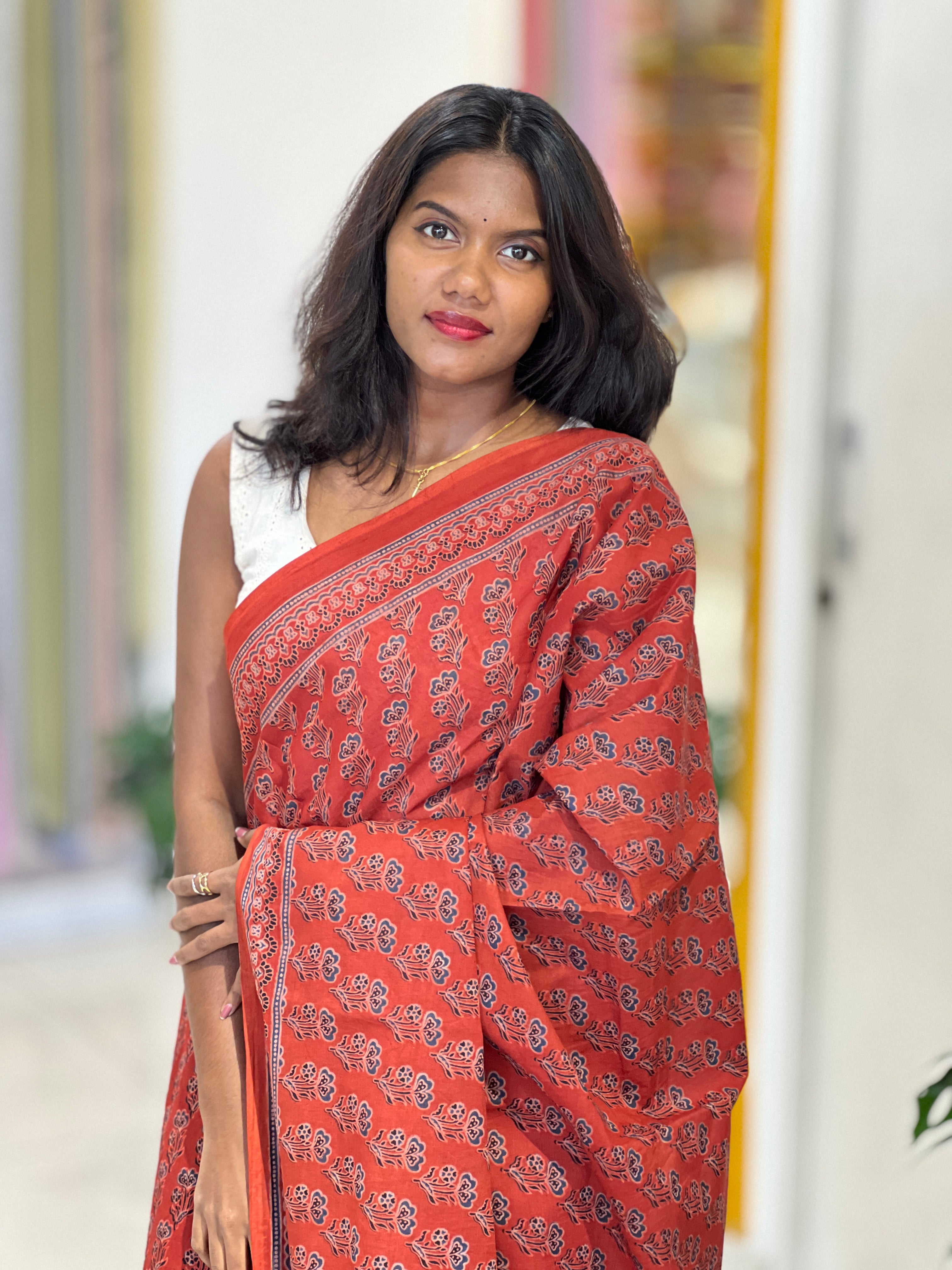 Ajrakh Pattern Printed Cotton Saree | VFC625