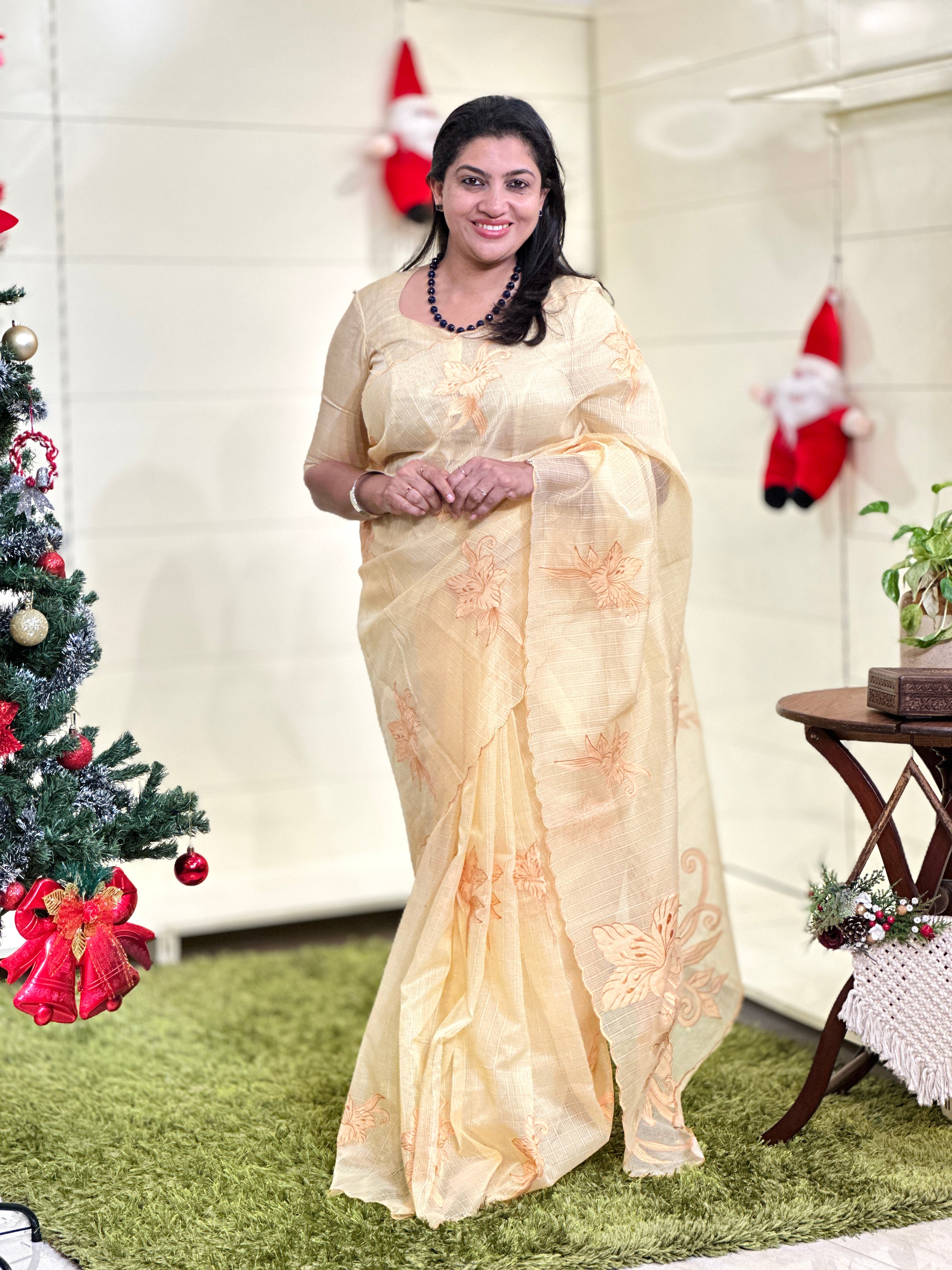 Floral Applique Work Detailed Check Organza Saree | BLD1628