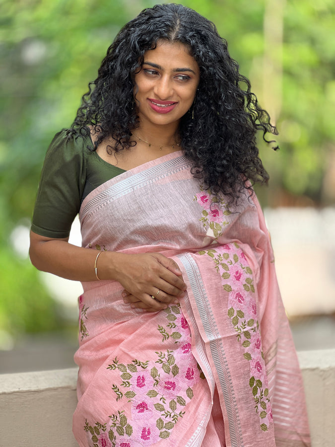 Cross stich Pattern Linen Saree | SK108