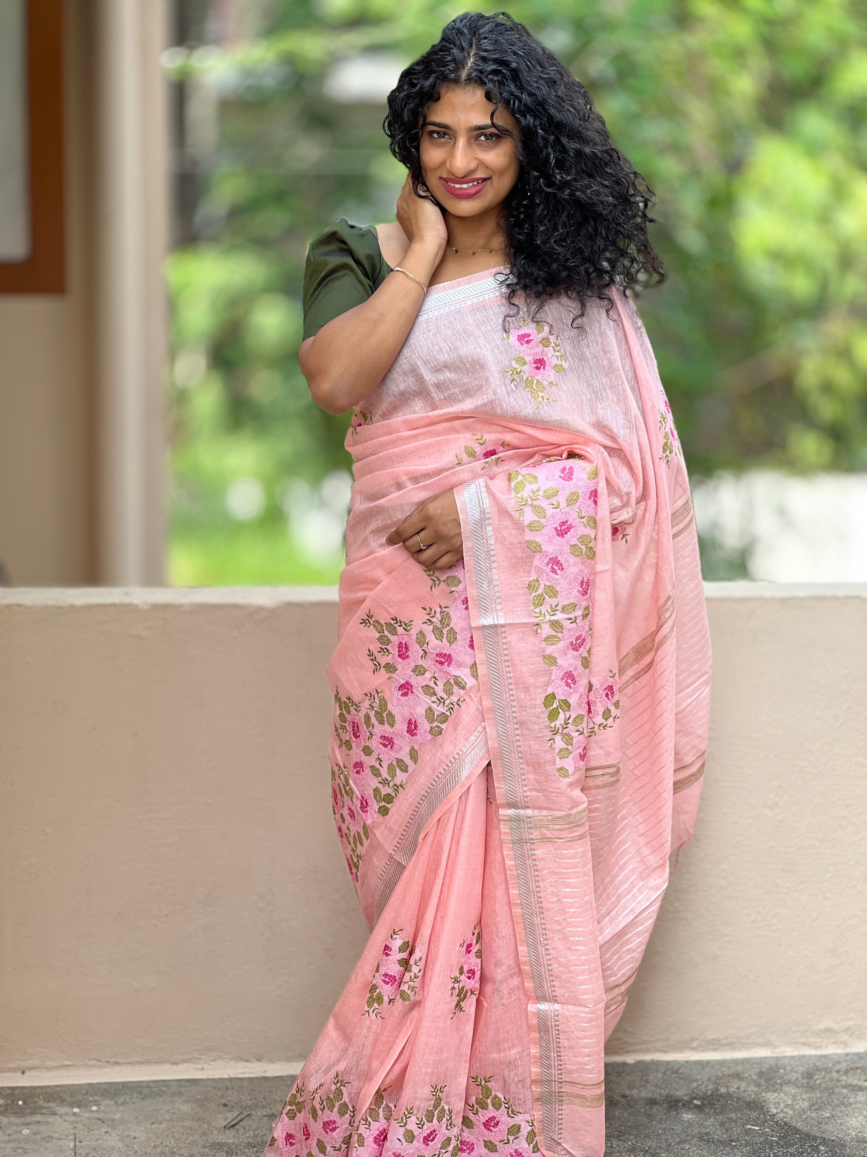 Cross stich Pattern Linen Saree | SK108
