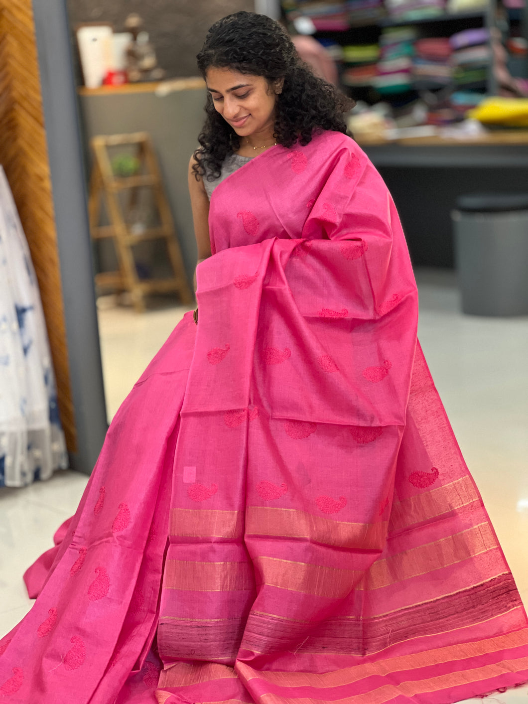 Pink Color Embroidered Bamboo Tussar Saree | MNH337