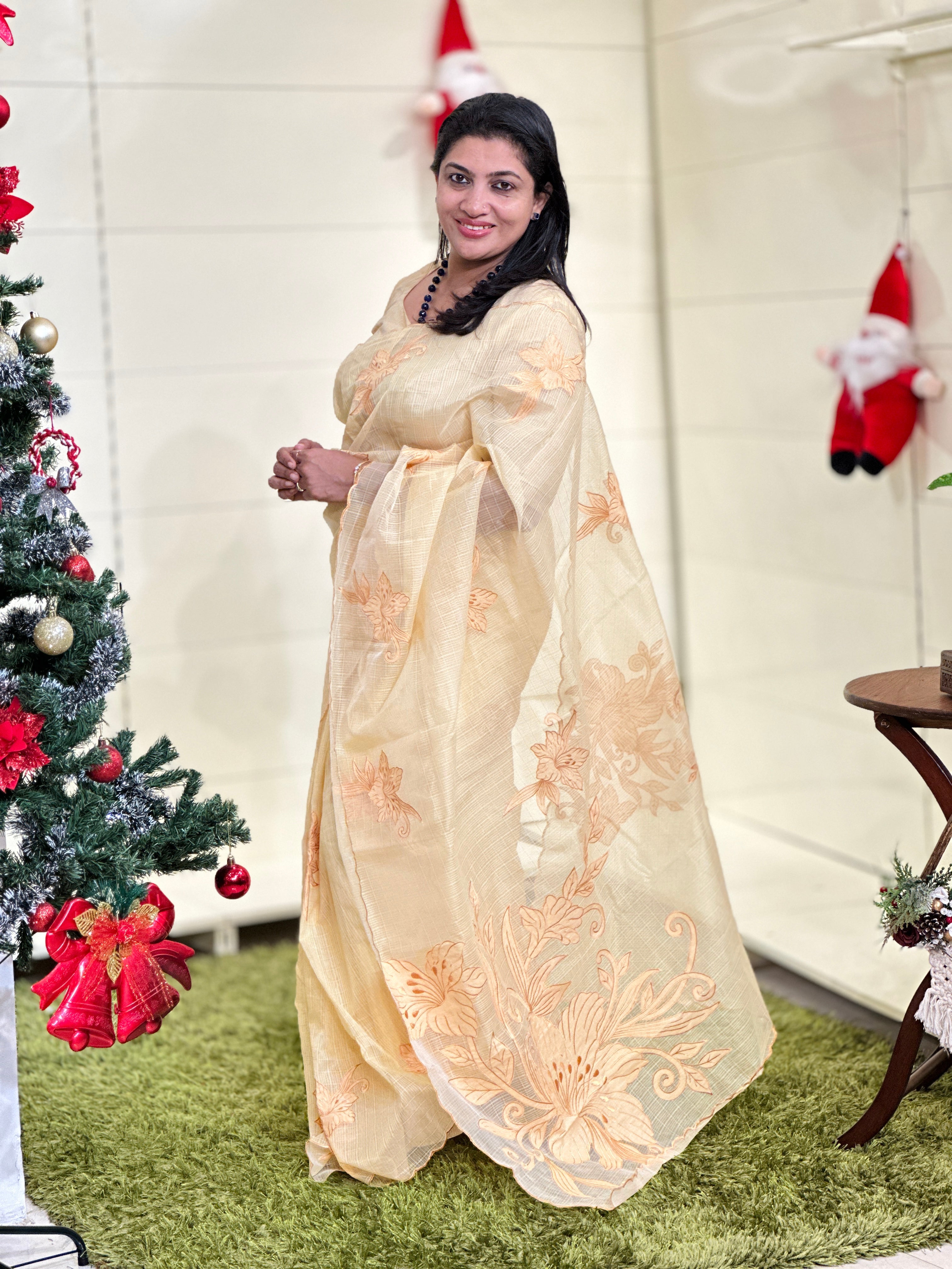 Floral Applique Work Detailed Check Organza Saree | BLD1628