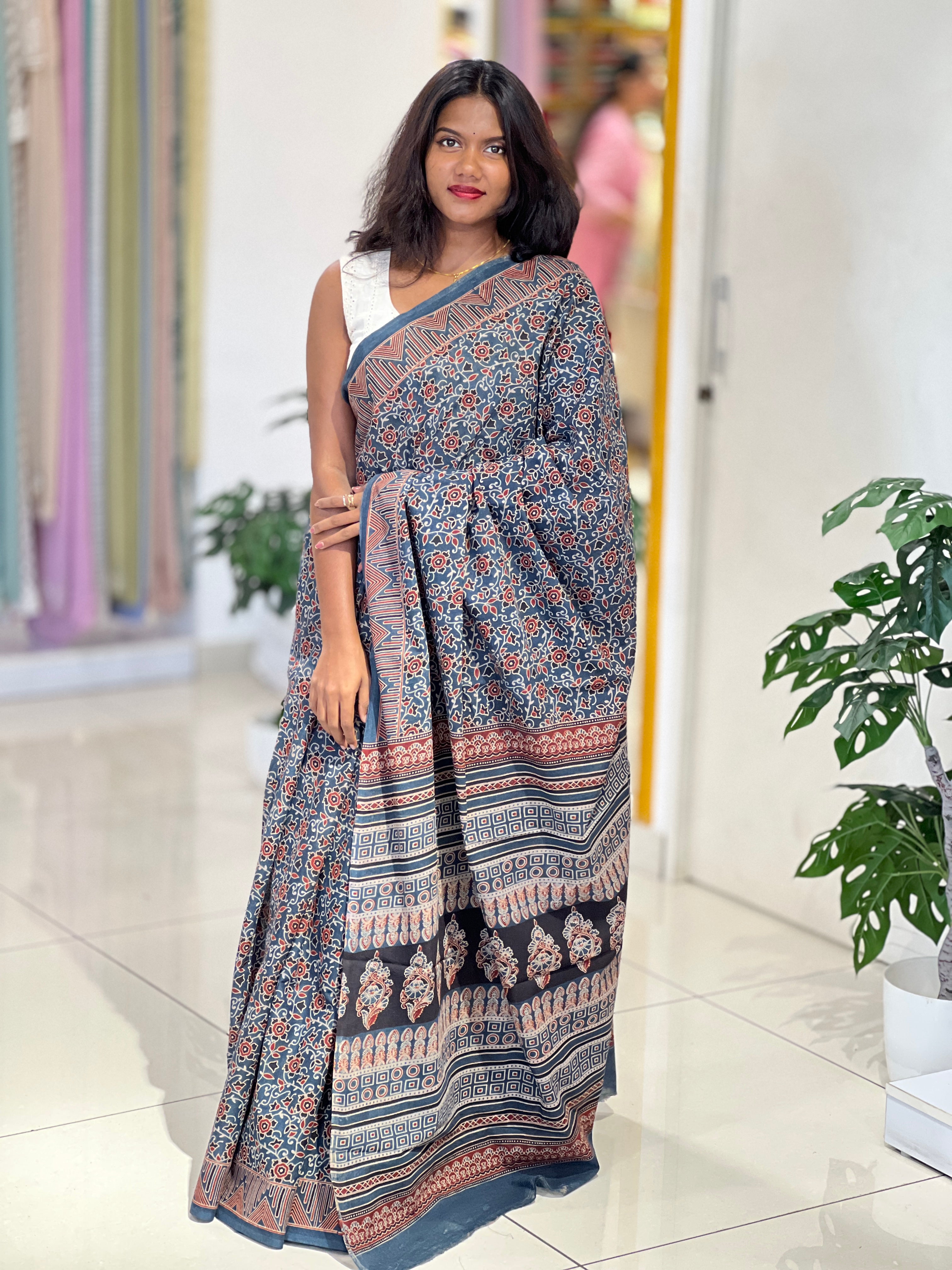 Ajrakh Pattern Printed Cotton Saree | VFC621