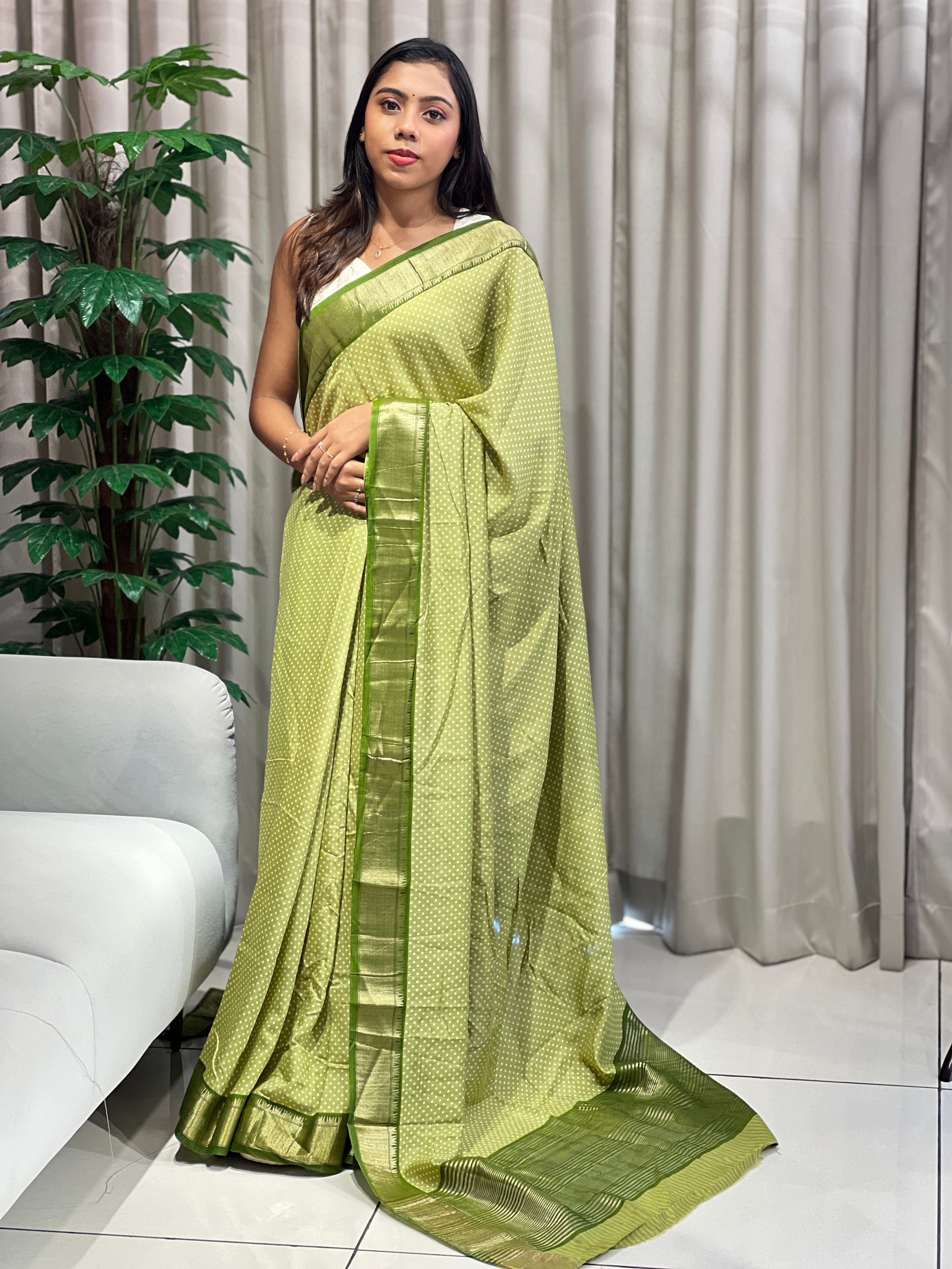 Polka Dot With Banarasi Border Detailed Semi Chanderi Saree | PKS134