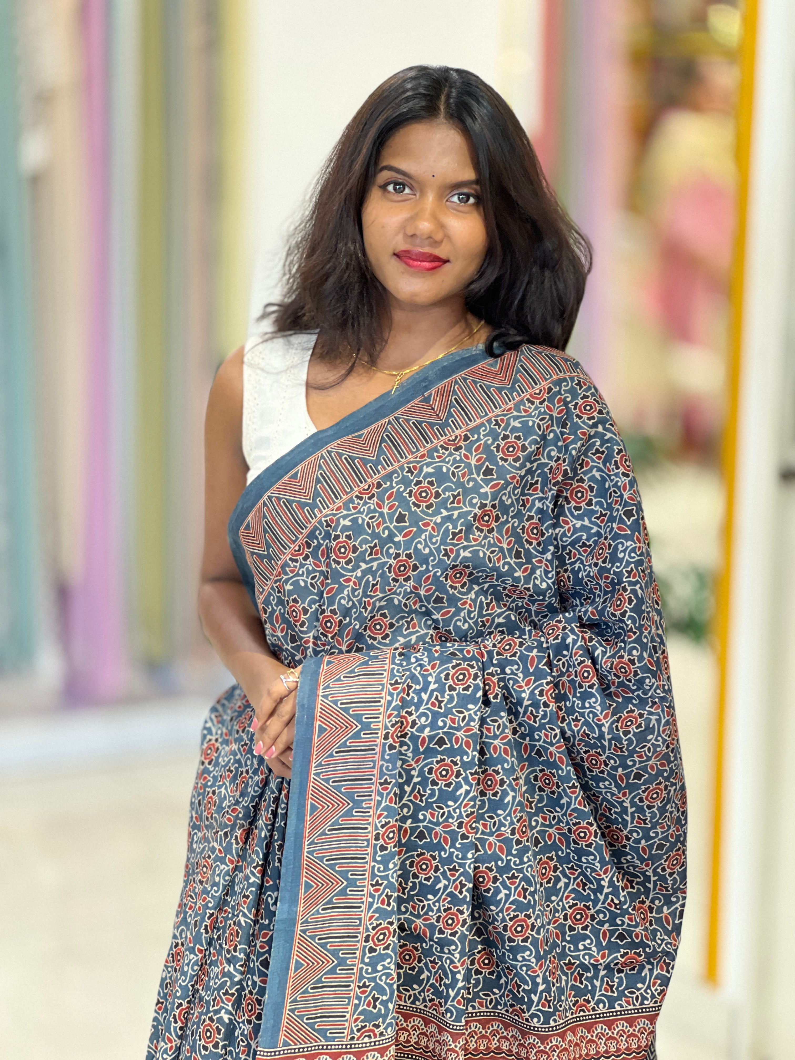 Ajrakh Pattern Printed Cotton Saree | VFC621