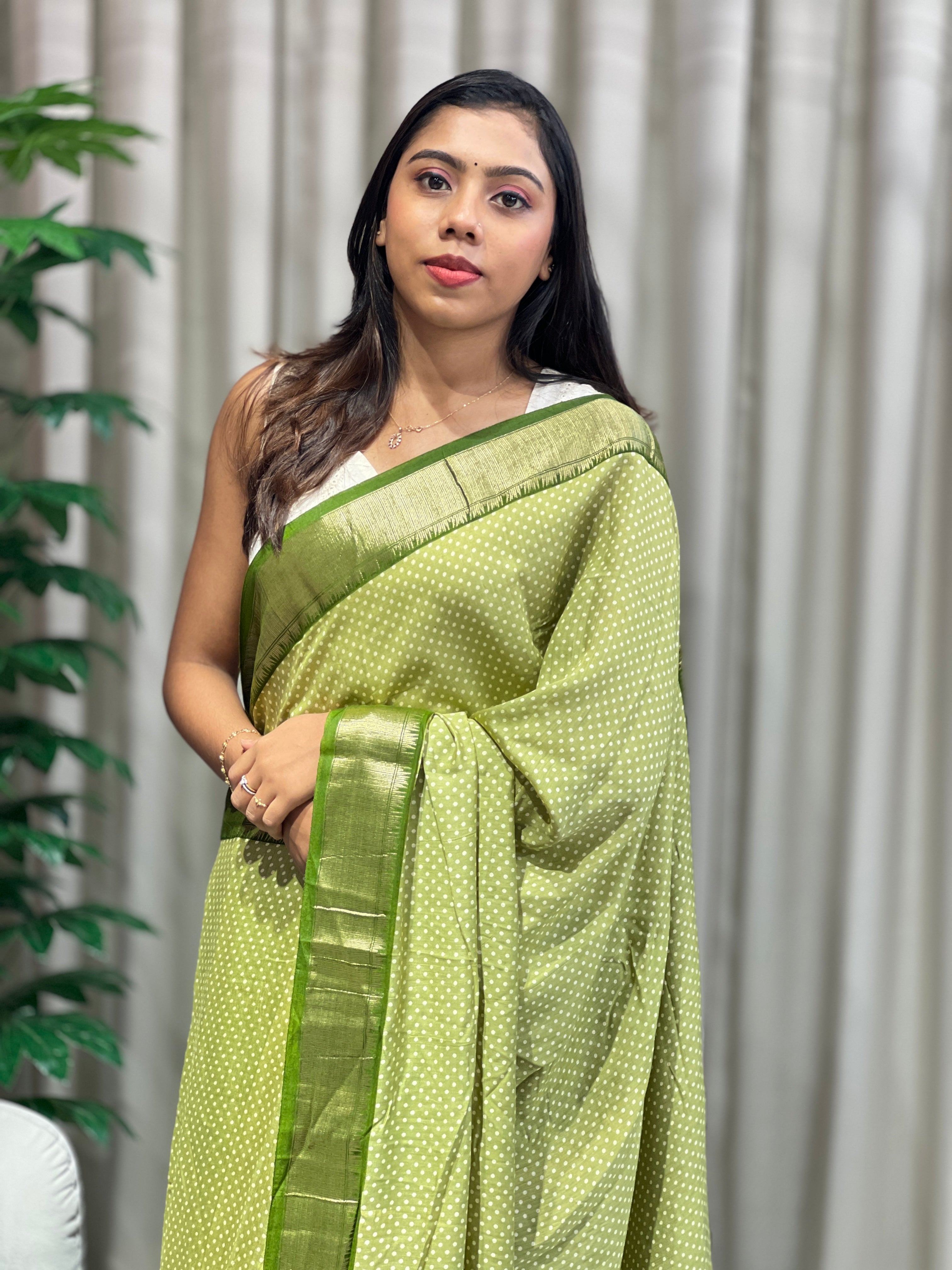 Polka Dot With Banarasi Border Detailed Semi Chanderi Saree | PKS134