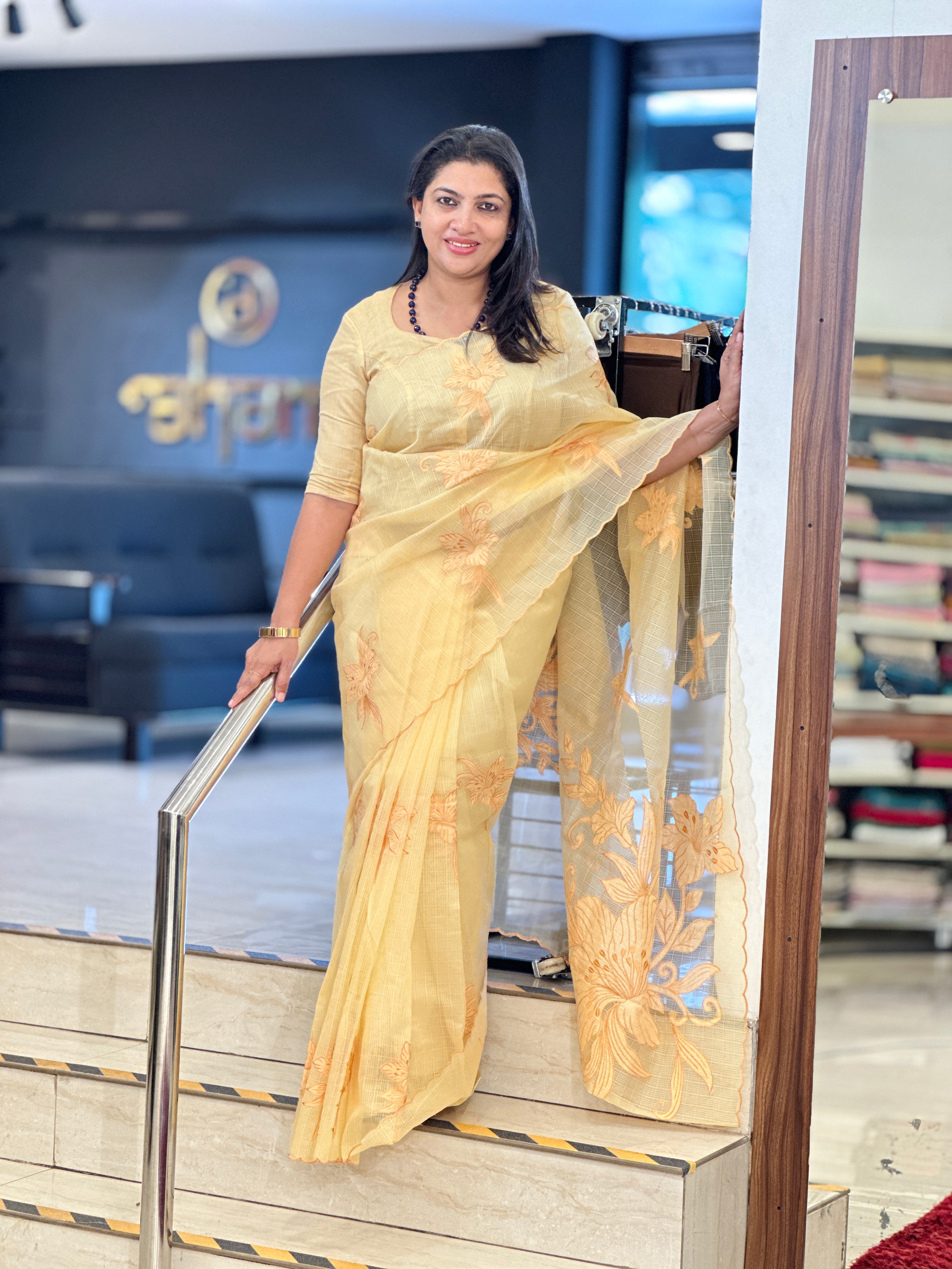 Floral Applique Work Detailed Check Organza Saree | BLD1628