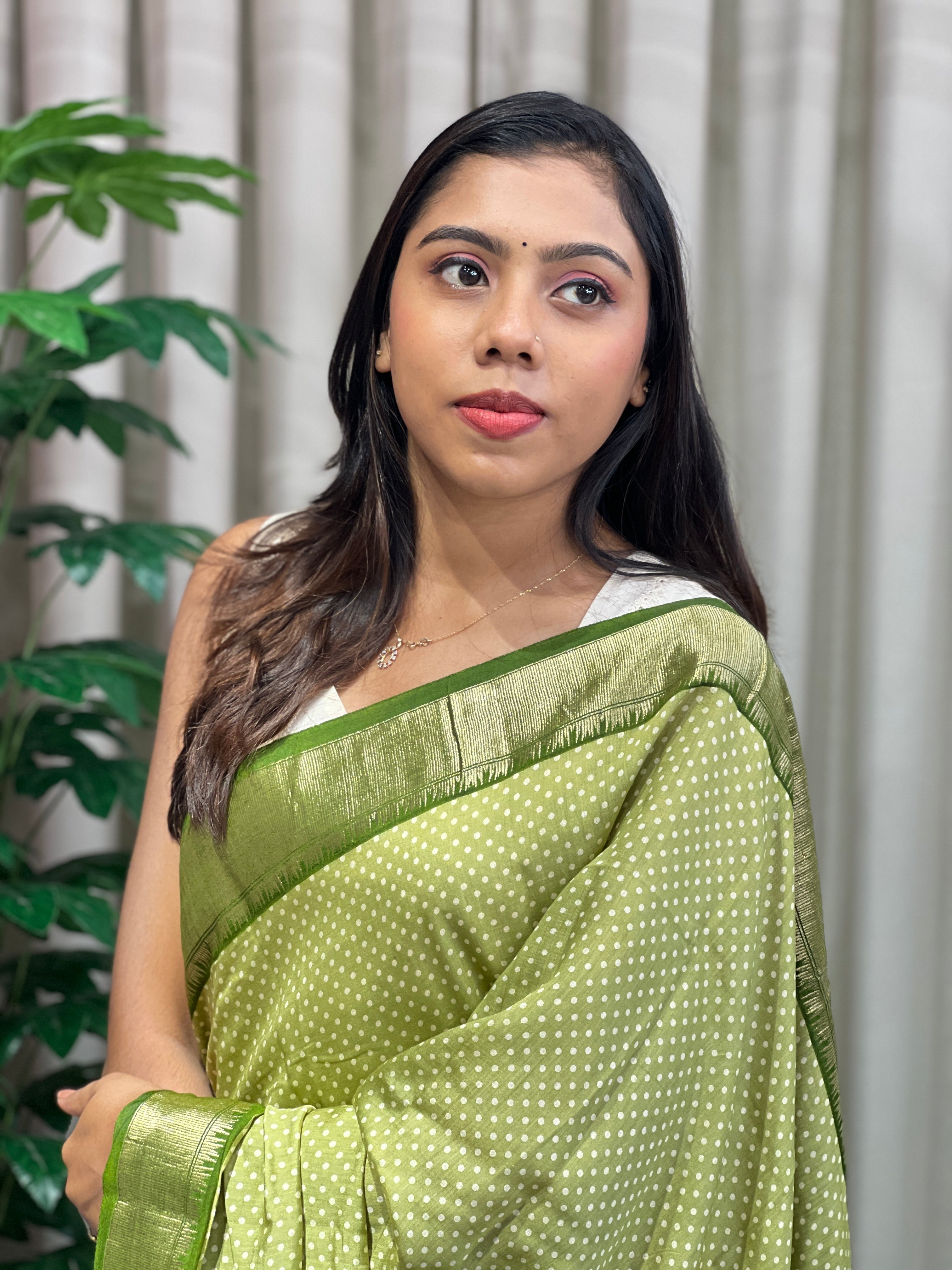 Polka Dot With Banarasi Border Detailed Semi Chanderi Saree | PKS134