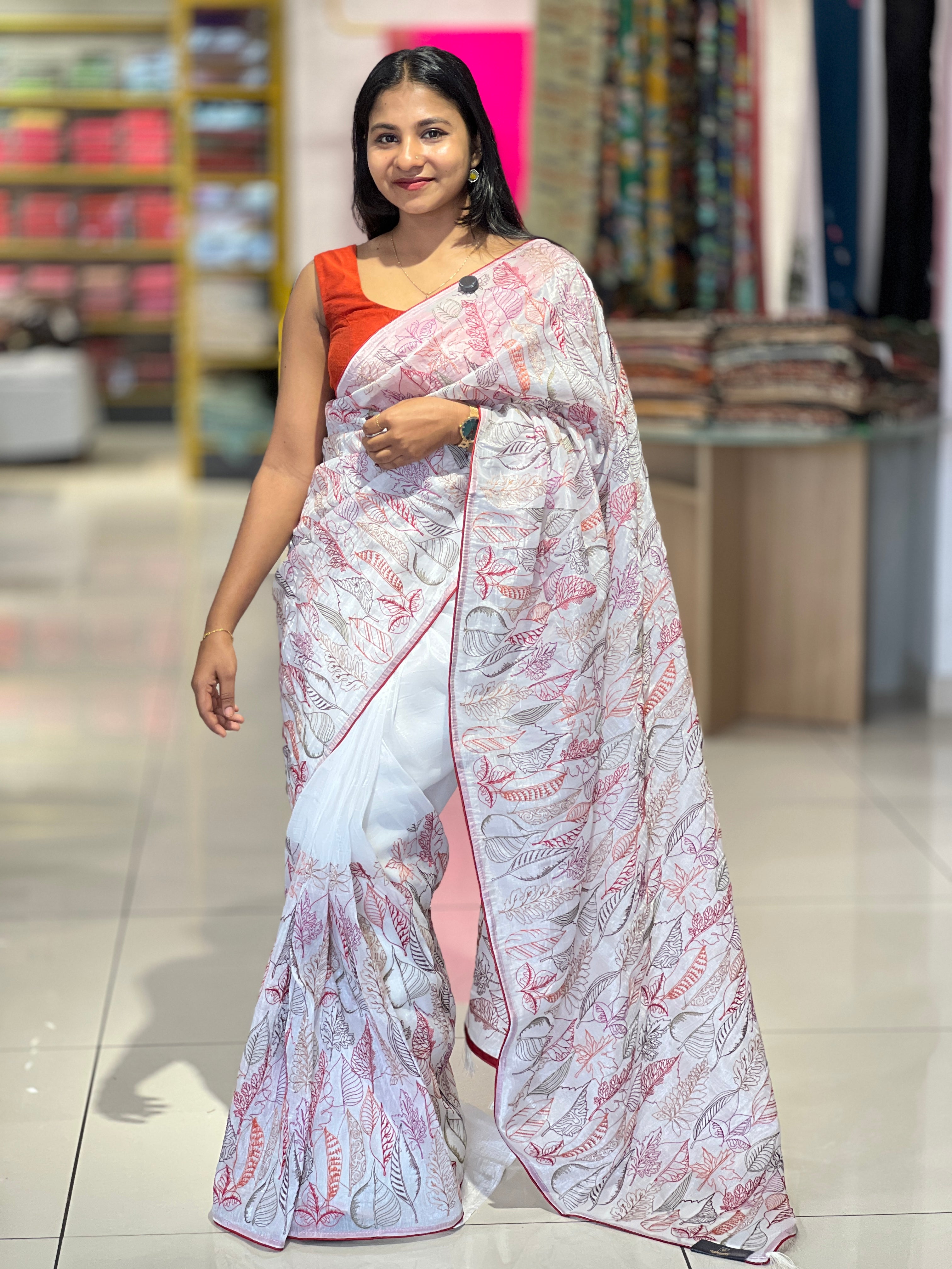Multi-Color Thread Embroidery Glass Organza Saree | SHC193