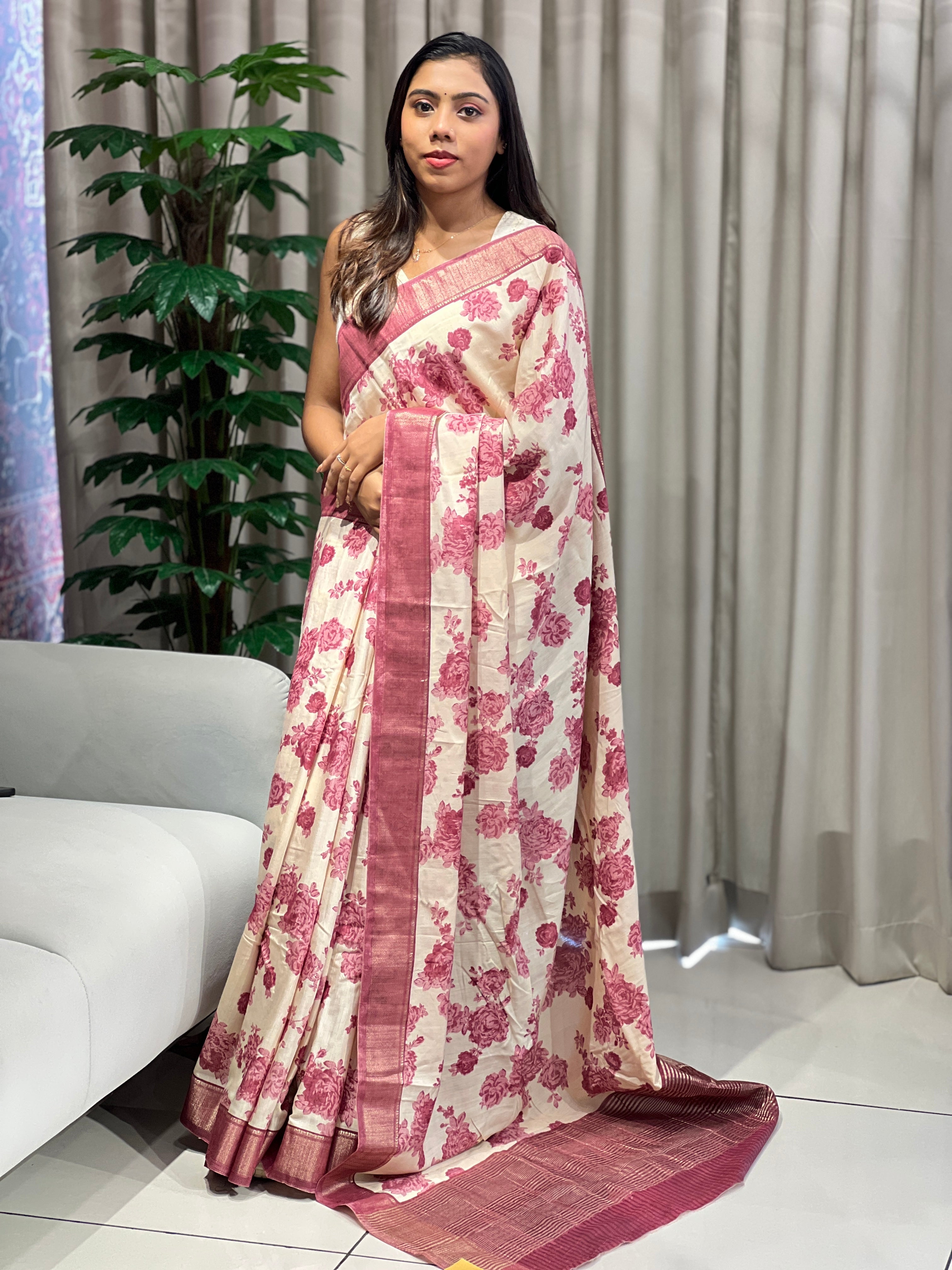 Floral Print Detailed Semi Chanderi Saree | PKS102