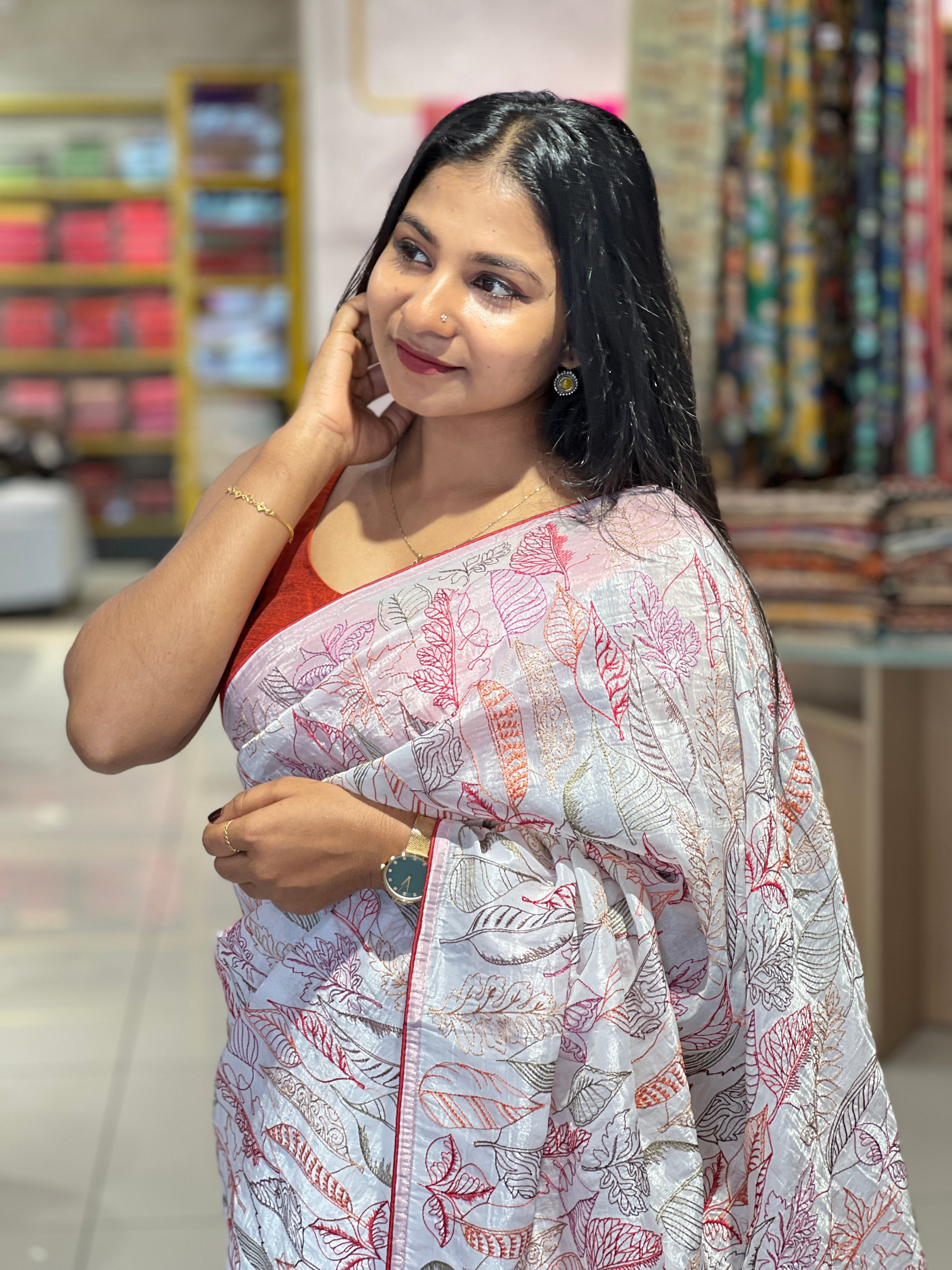 Multi-Color Thread Embroidery Glass Organza Saree | SHC193