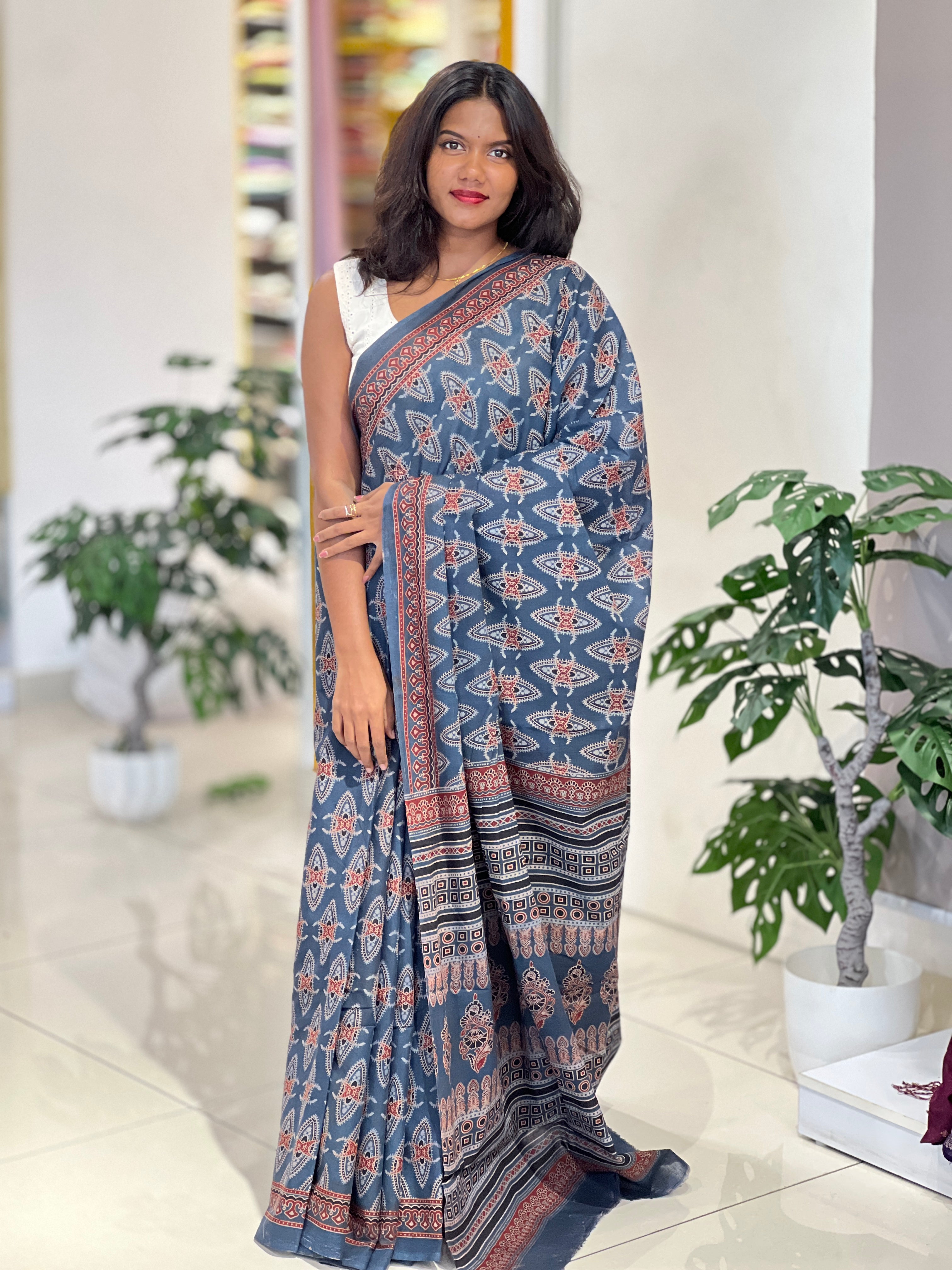 Ajrakh Pattern Printed Cotton Saree | VFC626