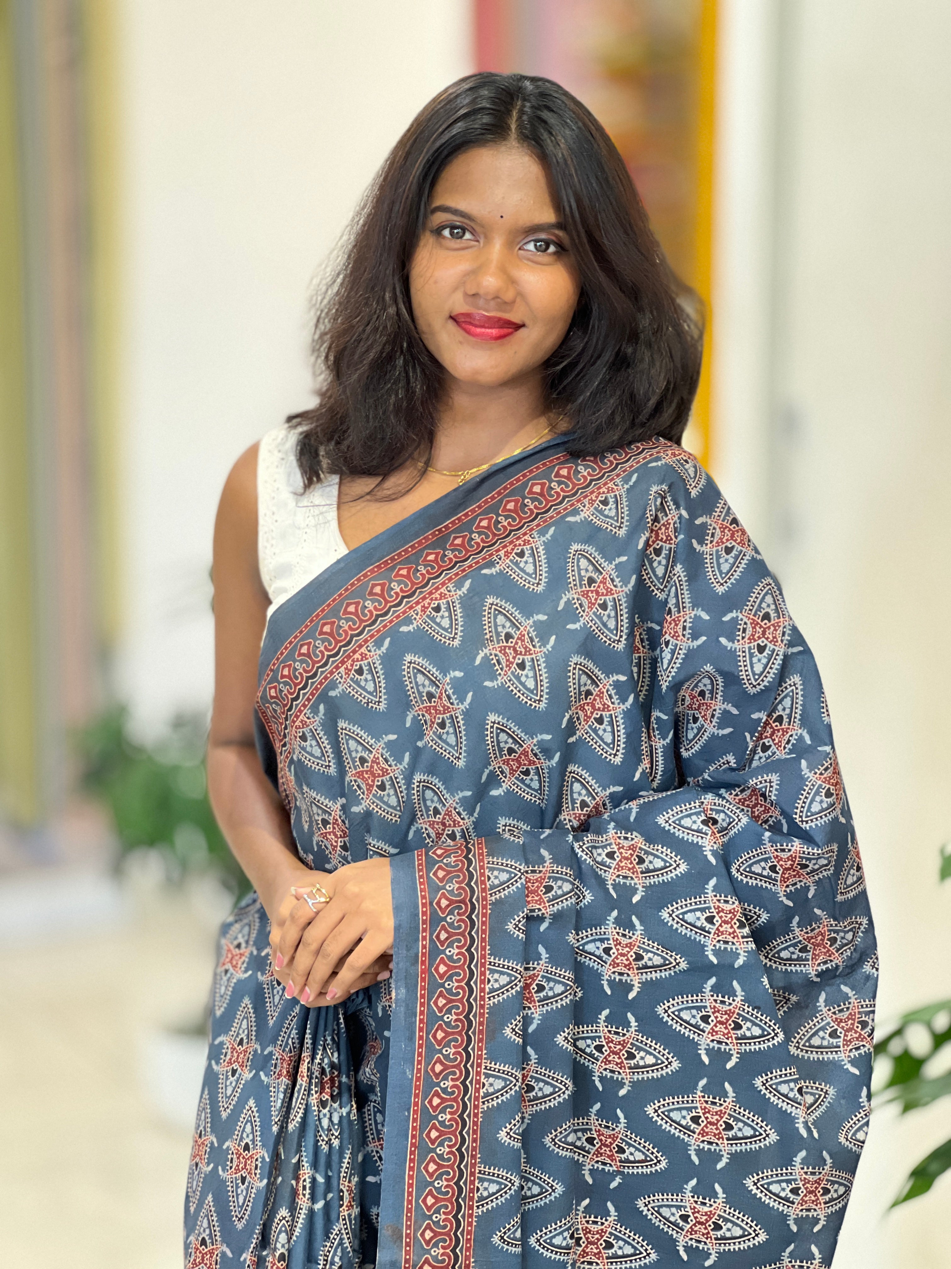 Ajrakh Pattern Printed Cotton Saree | VFC626