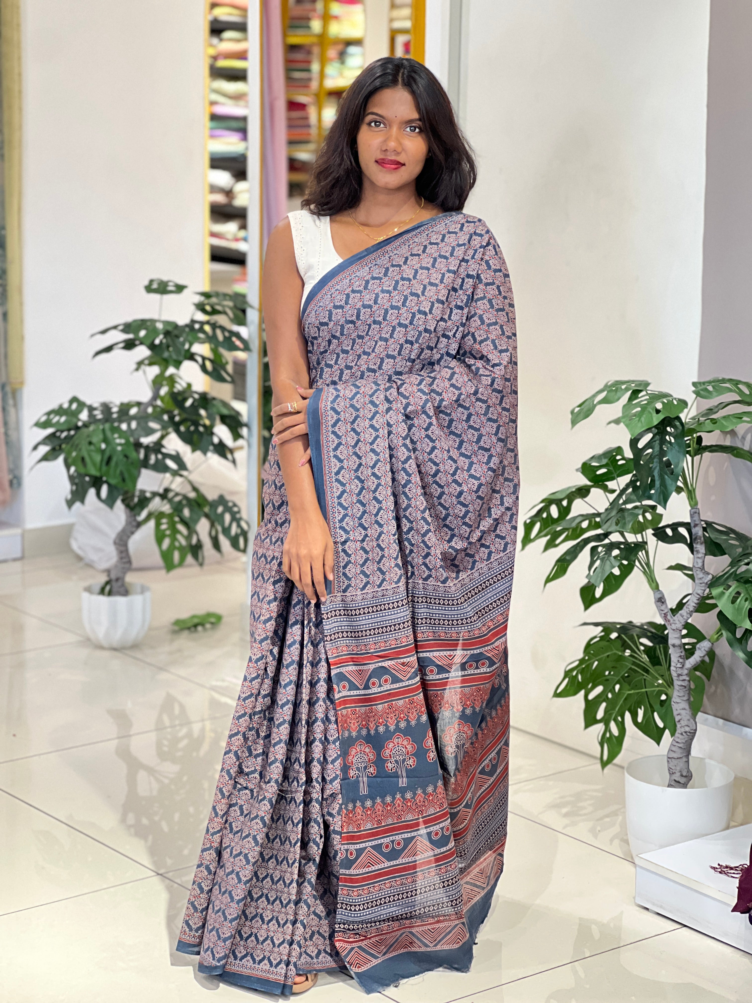 Ajrakh Pattern Printed Cotton Saree | VFC629