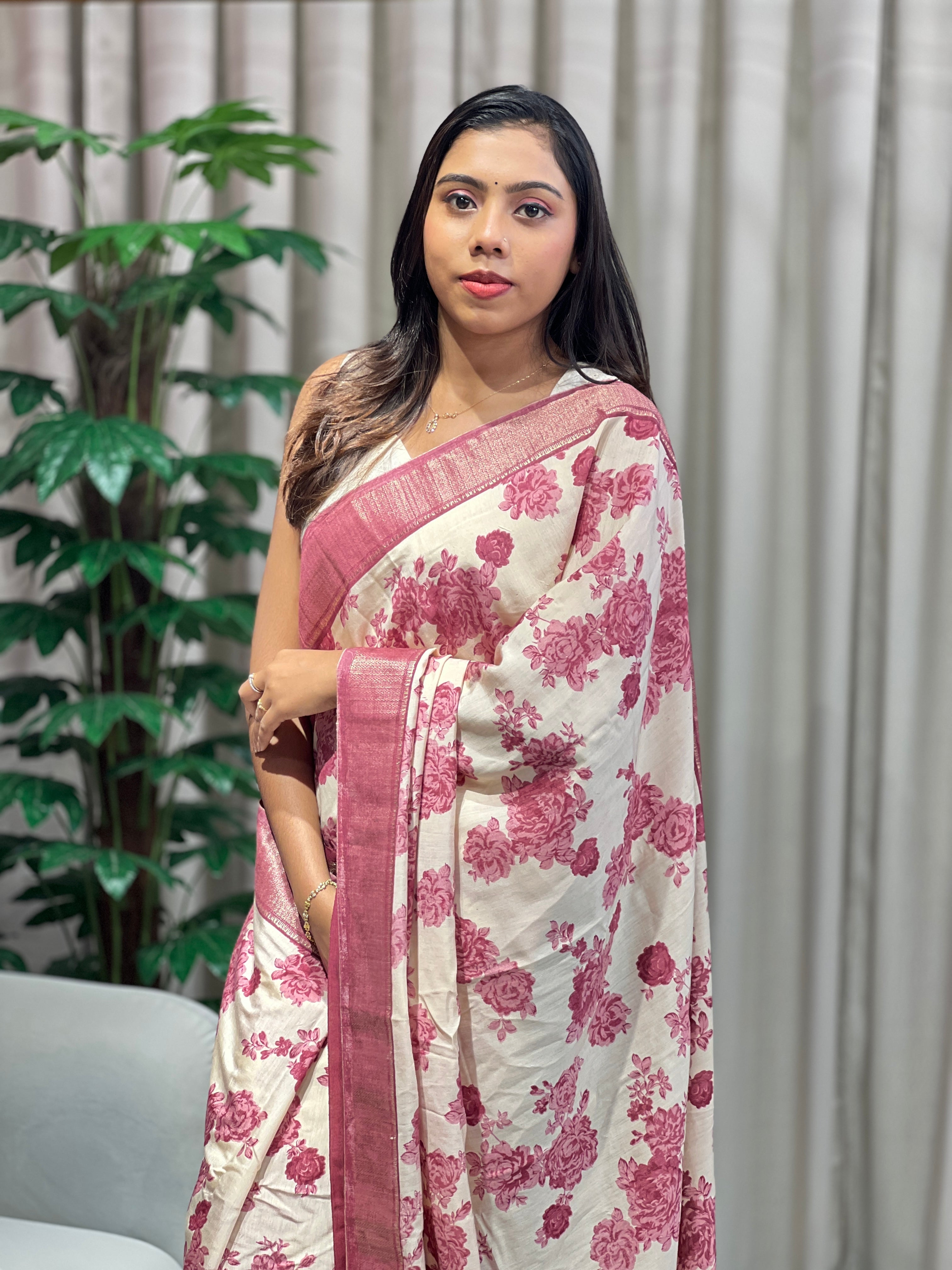 Floral Print Detailed Semi Chanderi Saree | PKS102