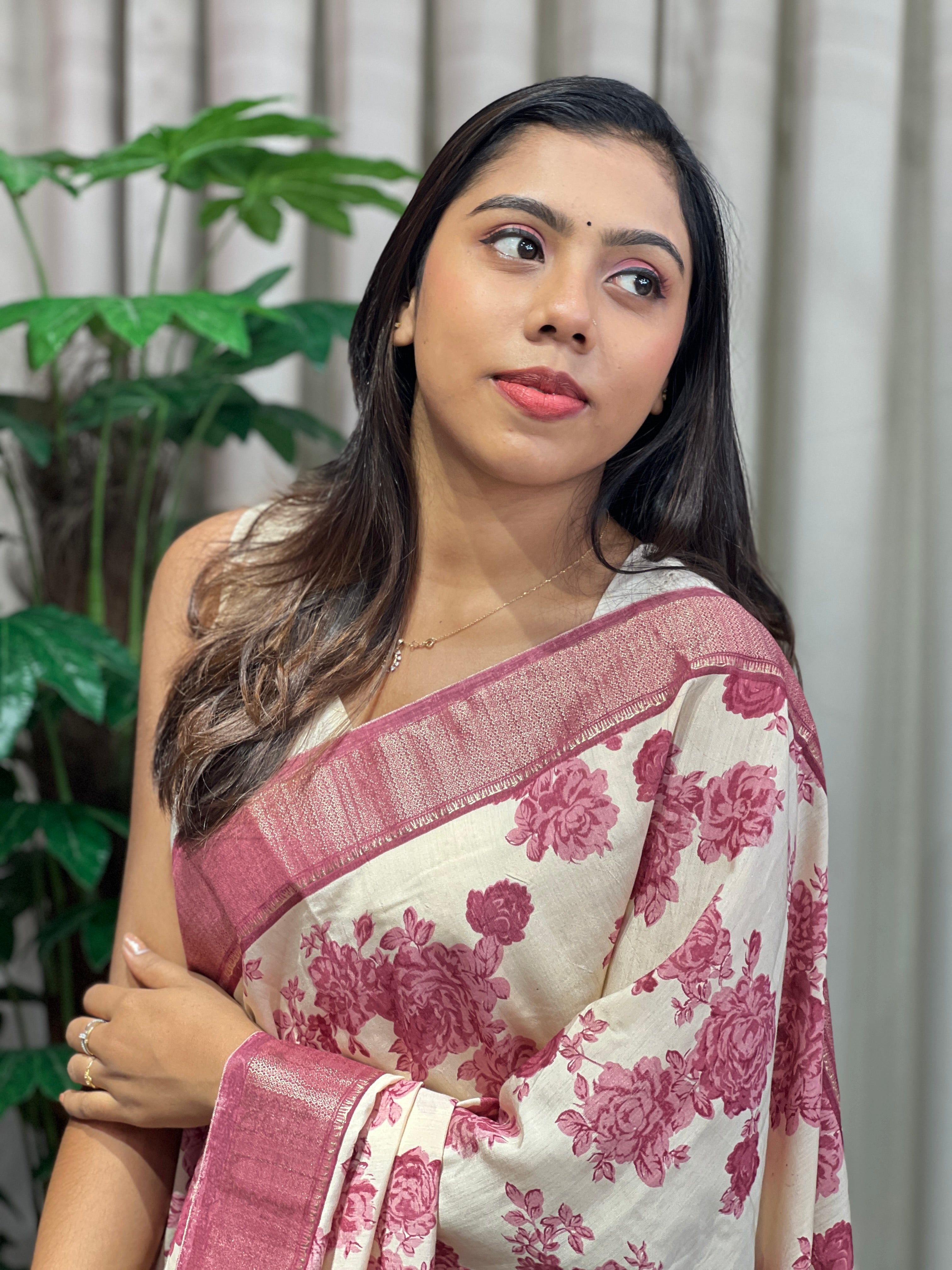 Floral Print Detailed Semi Chanderi Saree | PKS102