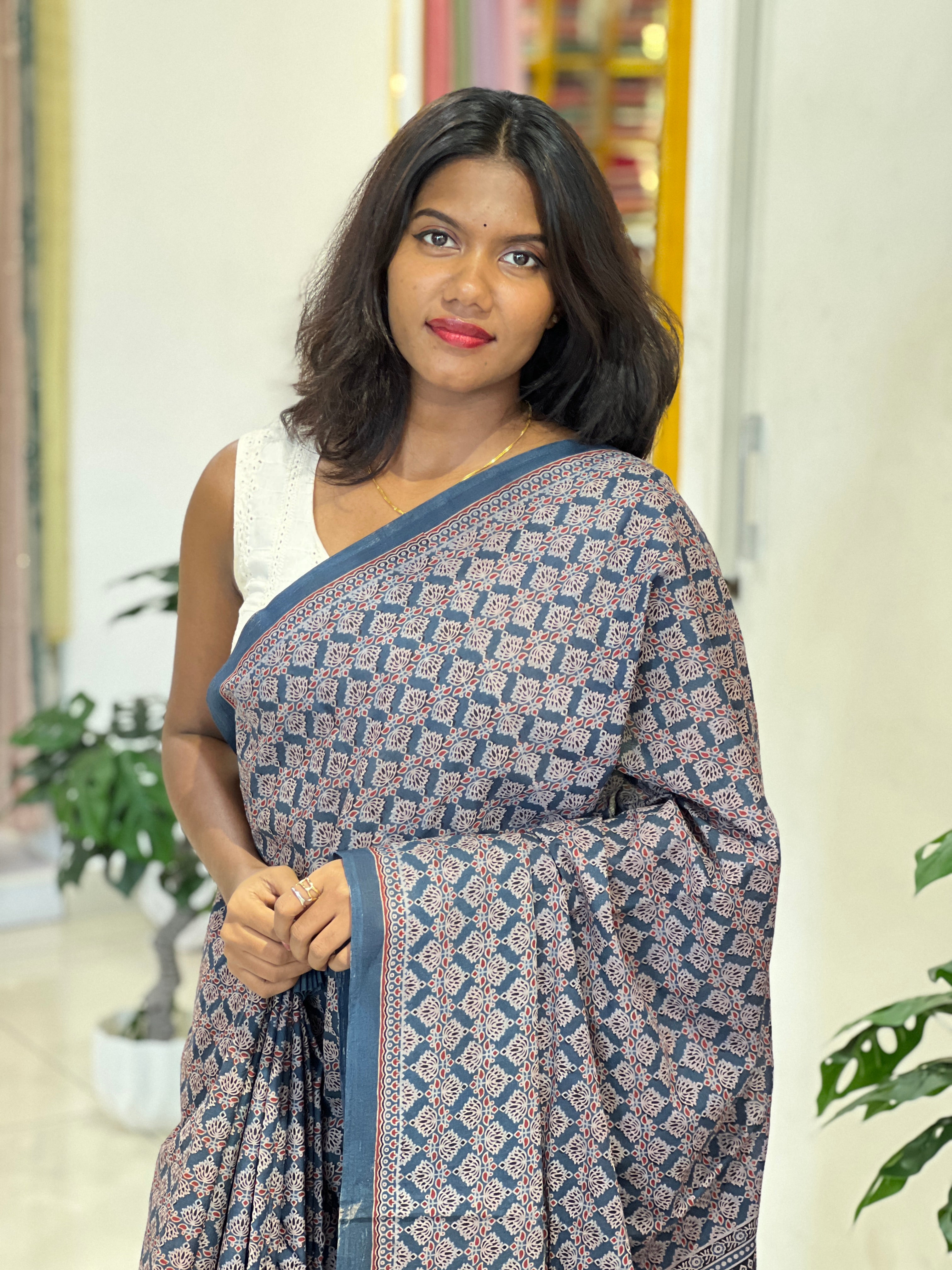 Ajrakh Pattern Printed Cotton Saree | VFC629