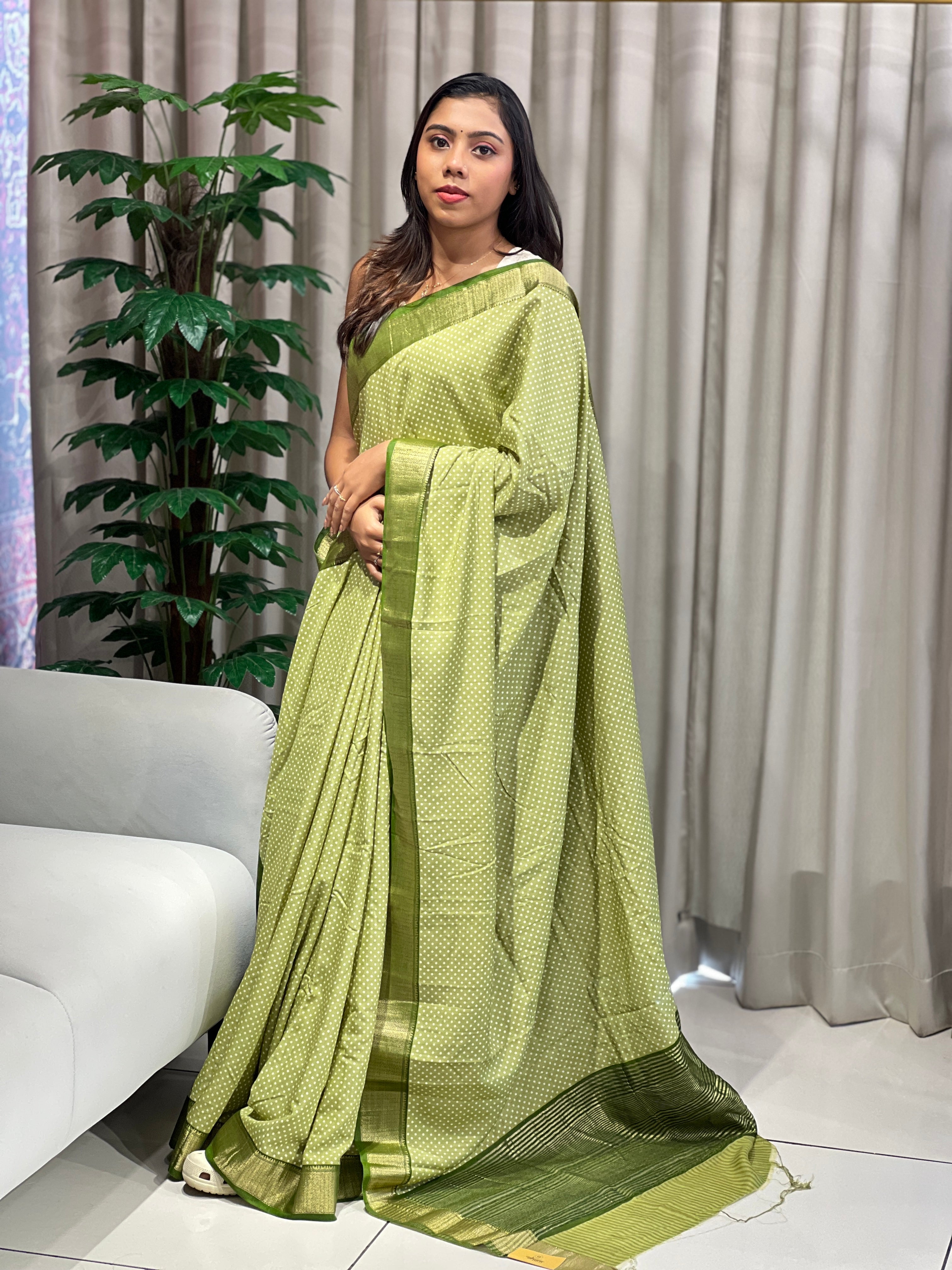 Polka Dot With Banarasi Border Detailed Semi Chanderi Saree | PKS101