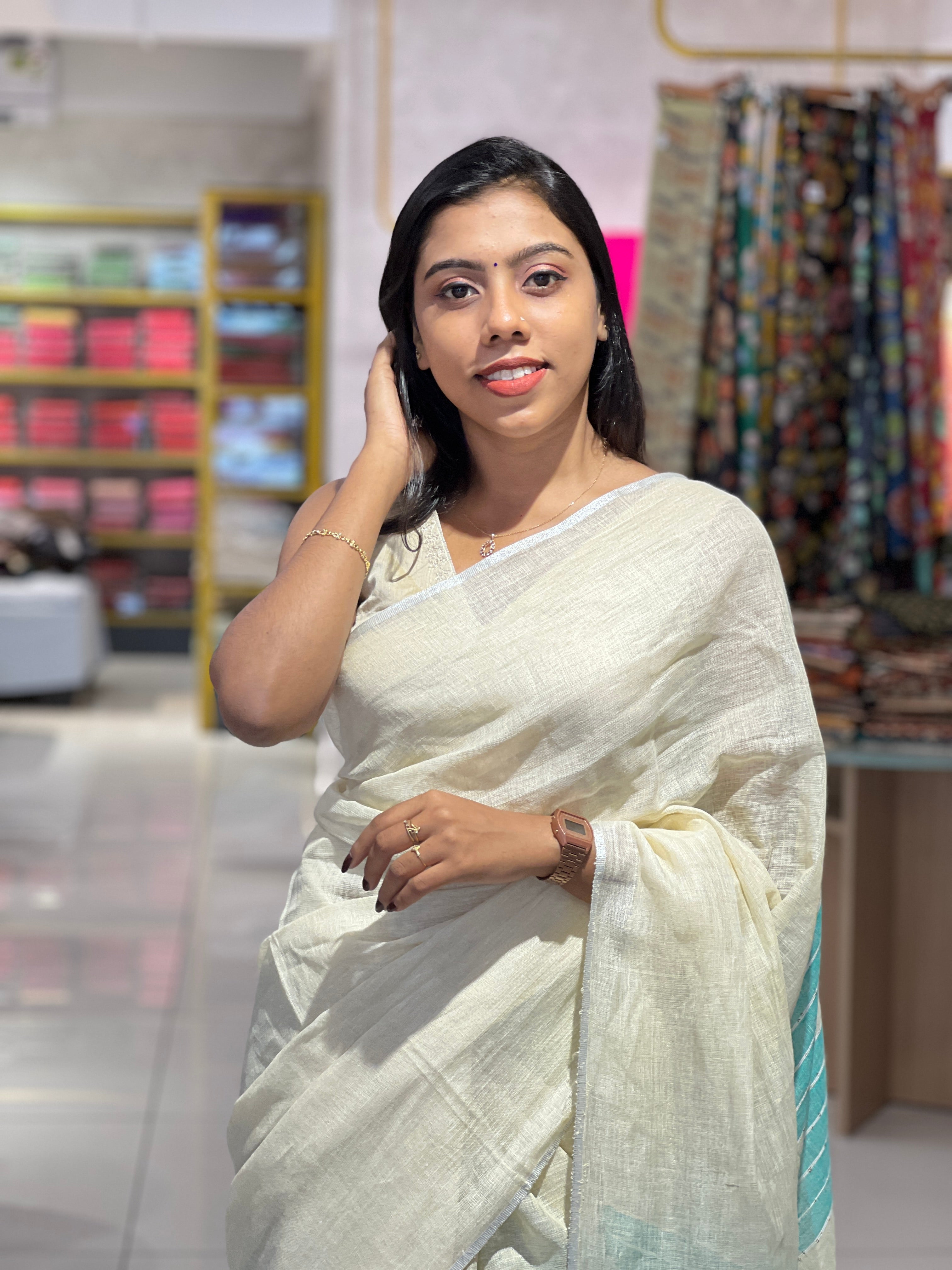 Kesiya Weaving with Sequence Pattern Linen Saree | DLS137