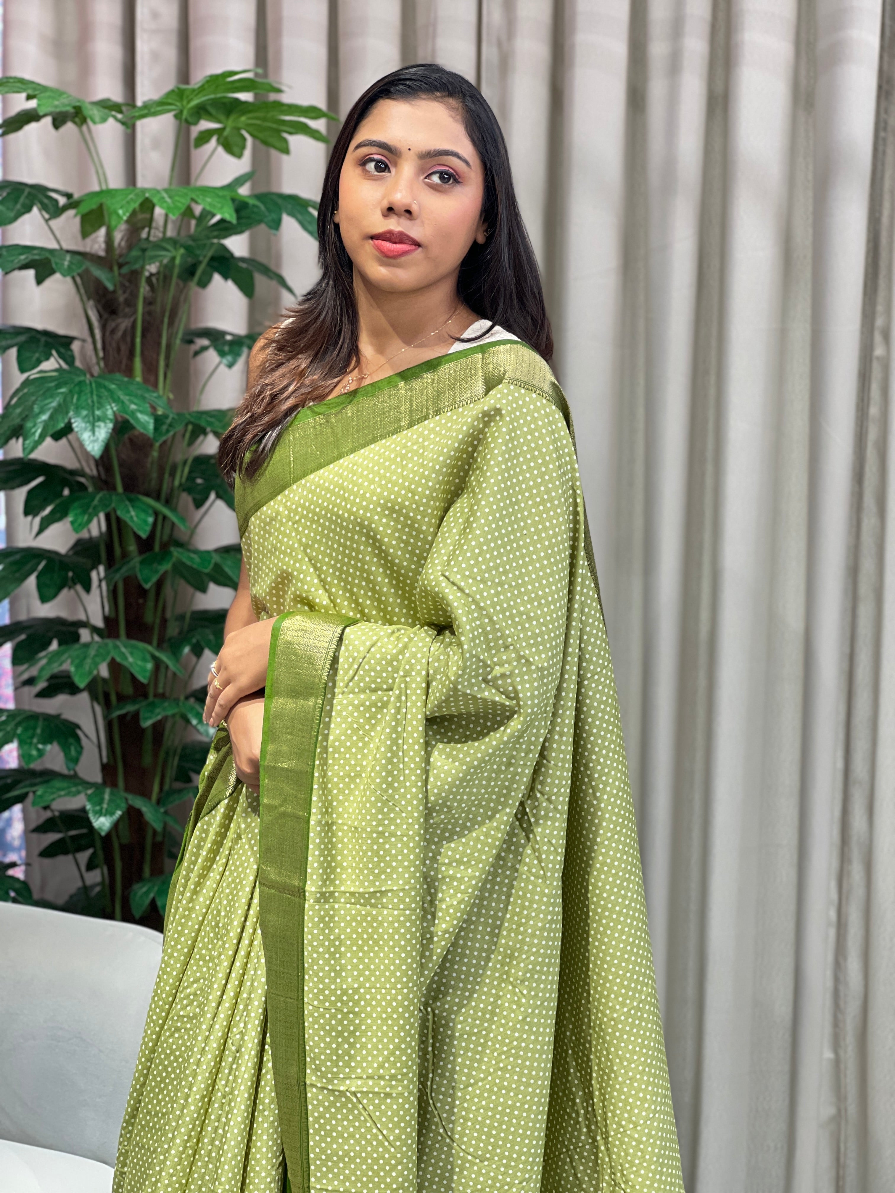 Polka Dot With Banarasi Border Detailed Semi Chanderi Saree | PKS101