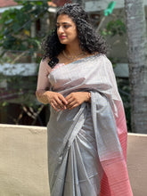 Golden Lurex Yarns Stripe Weaving Pattern Bhagalpuri Linen Saree | DLS182