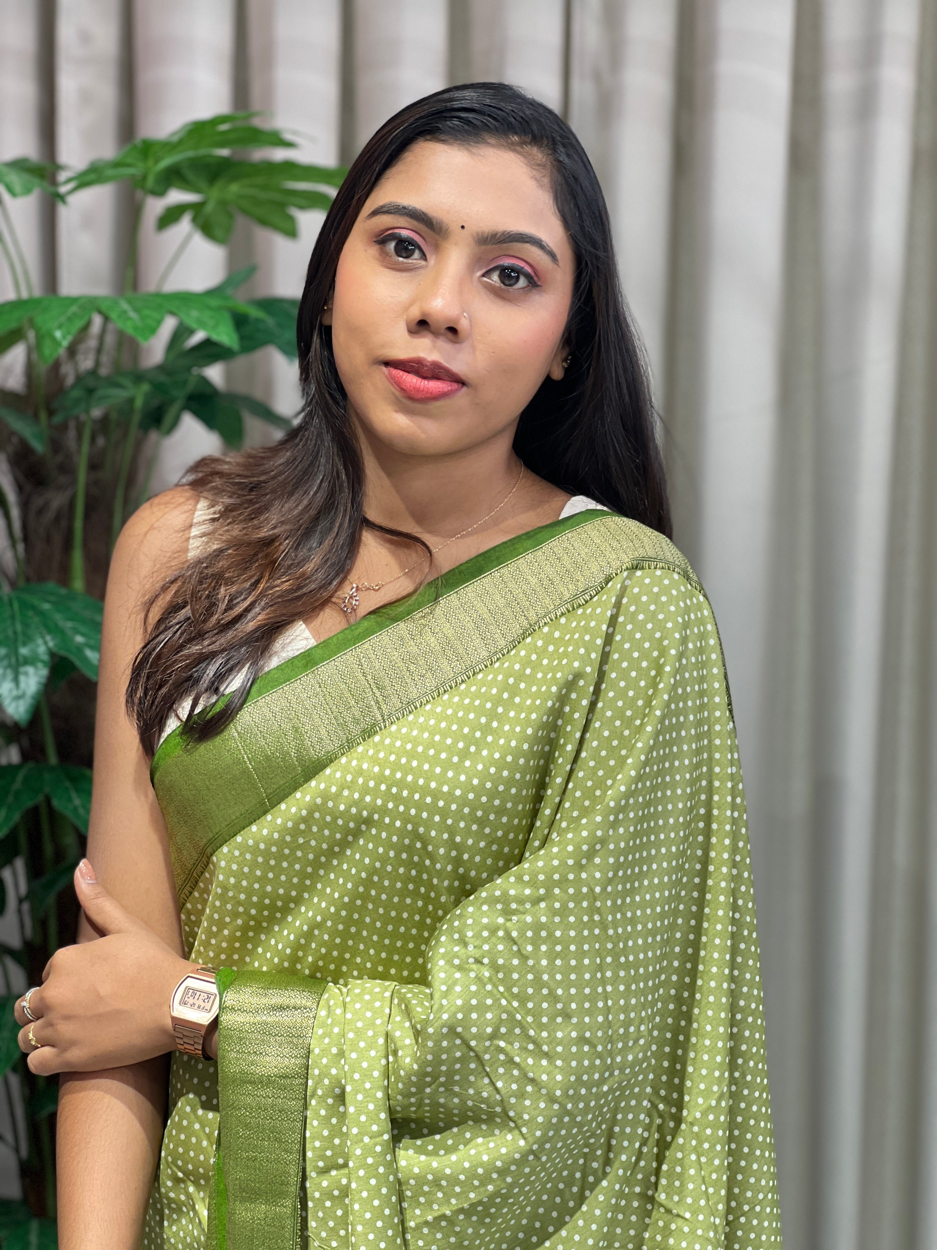 Polka Dot With Banarasi Border Detailed Semi Chanderi Saree | PKS101