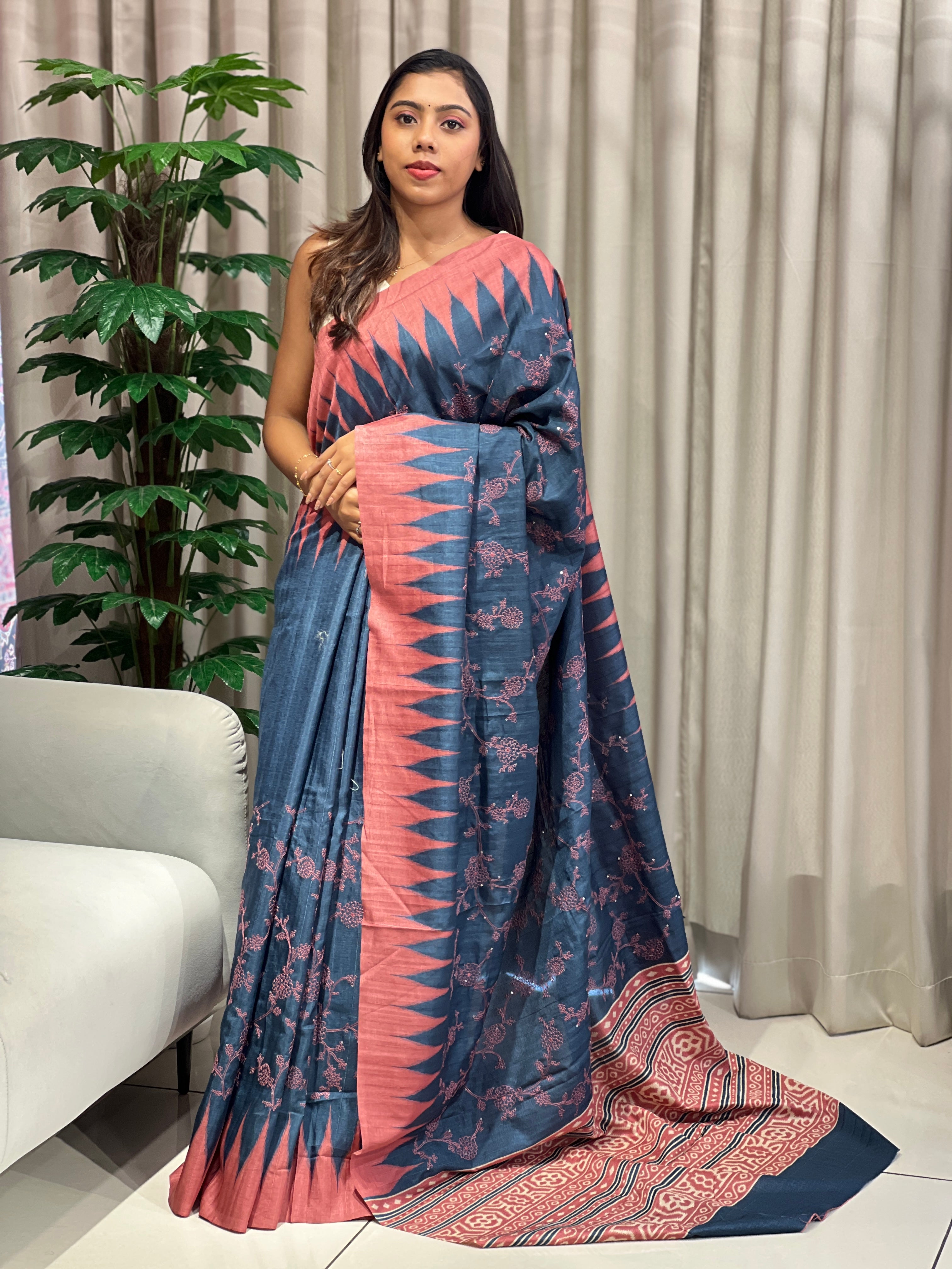 Jaal Patterned Embroidered Semi Tussar Saree | SSN454